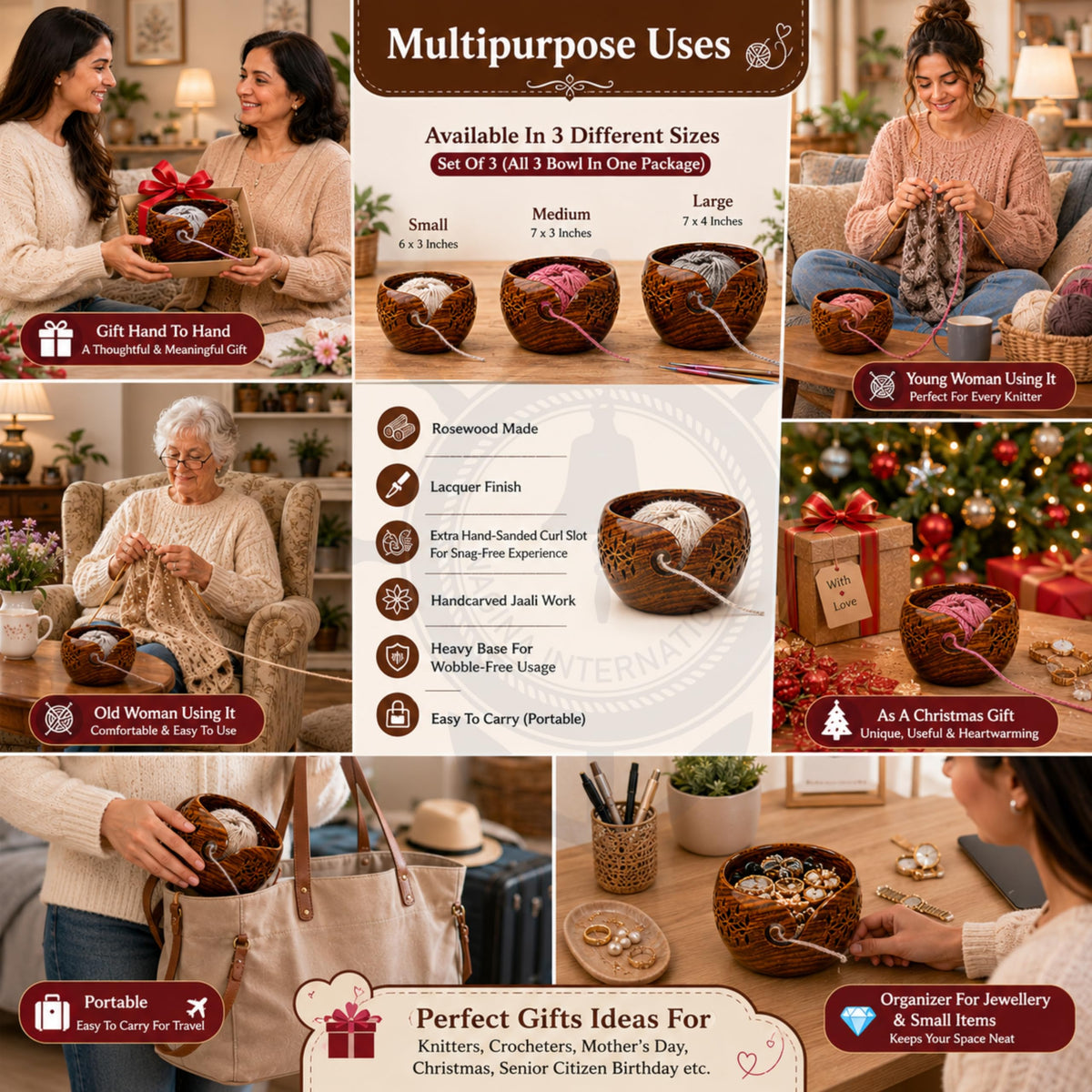 Nagina International Rosewood Crafted Wooden Yarn Storage Bowl With Carved Holes & Drills |