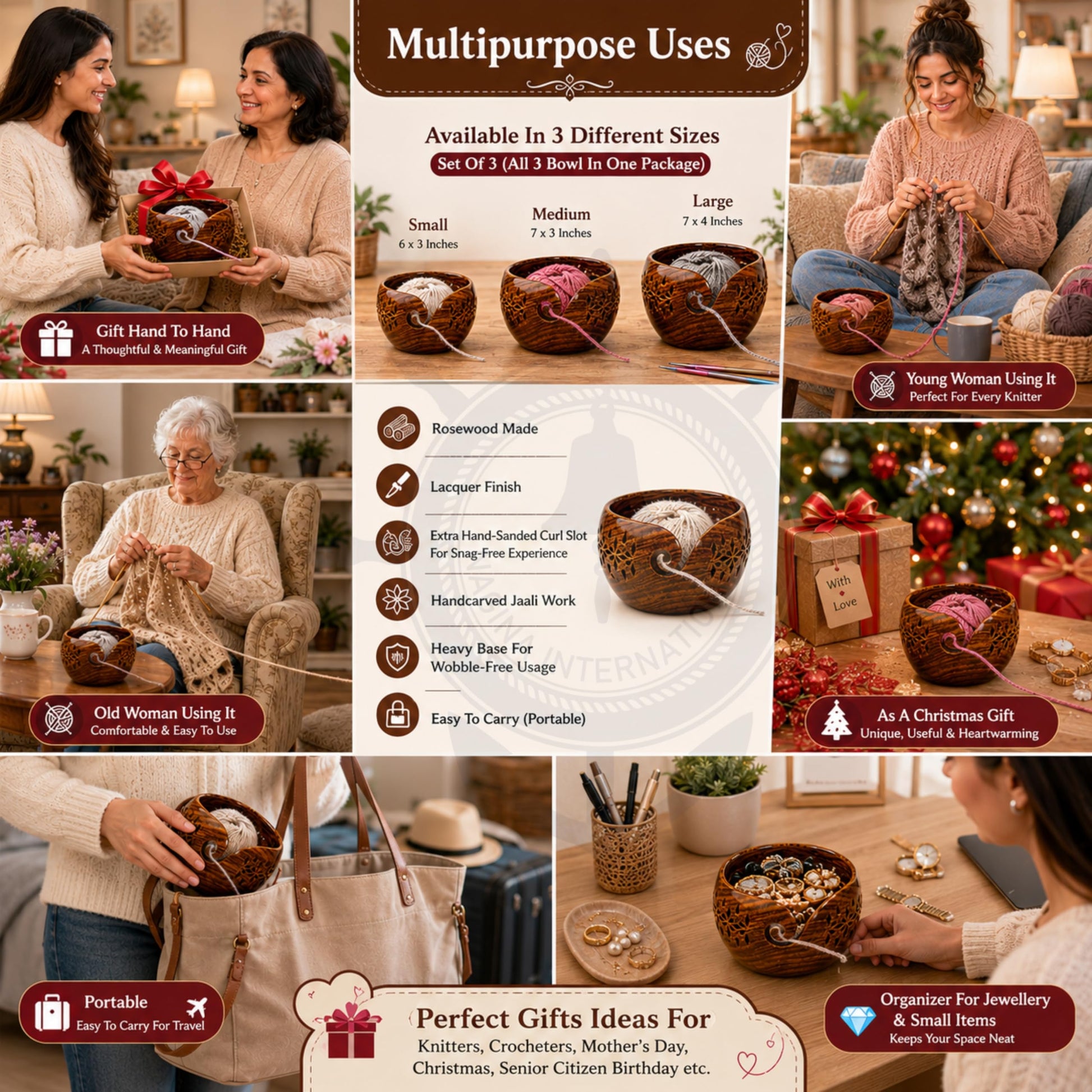 Nagina International Rosewood Crafted Wooden Yarn Storage Bowl With Carved Holes & Drills |