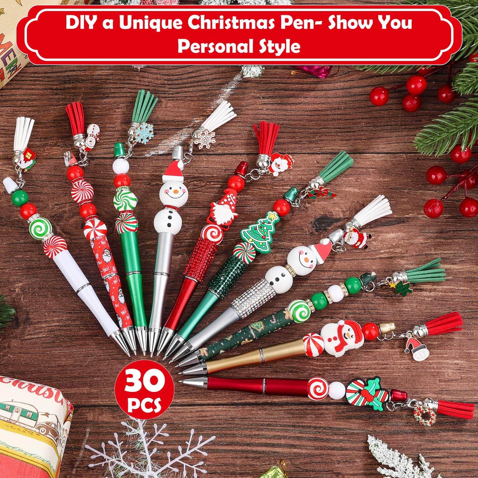 Tetutor 326 Pcs Christmas Beaded Pens Bulk,30 Sets Christmas Pens Bulk with Christmas Focal Beads