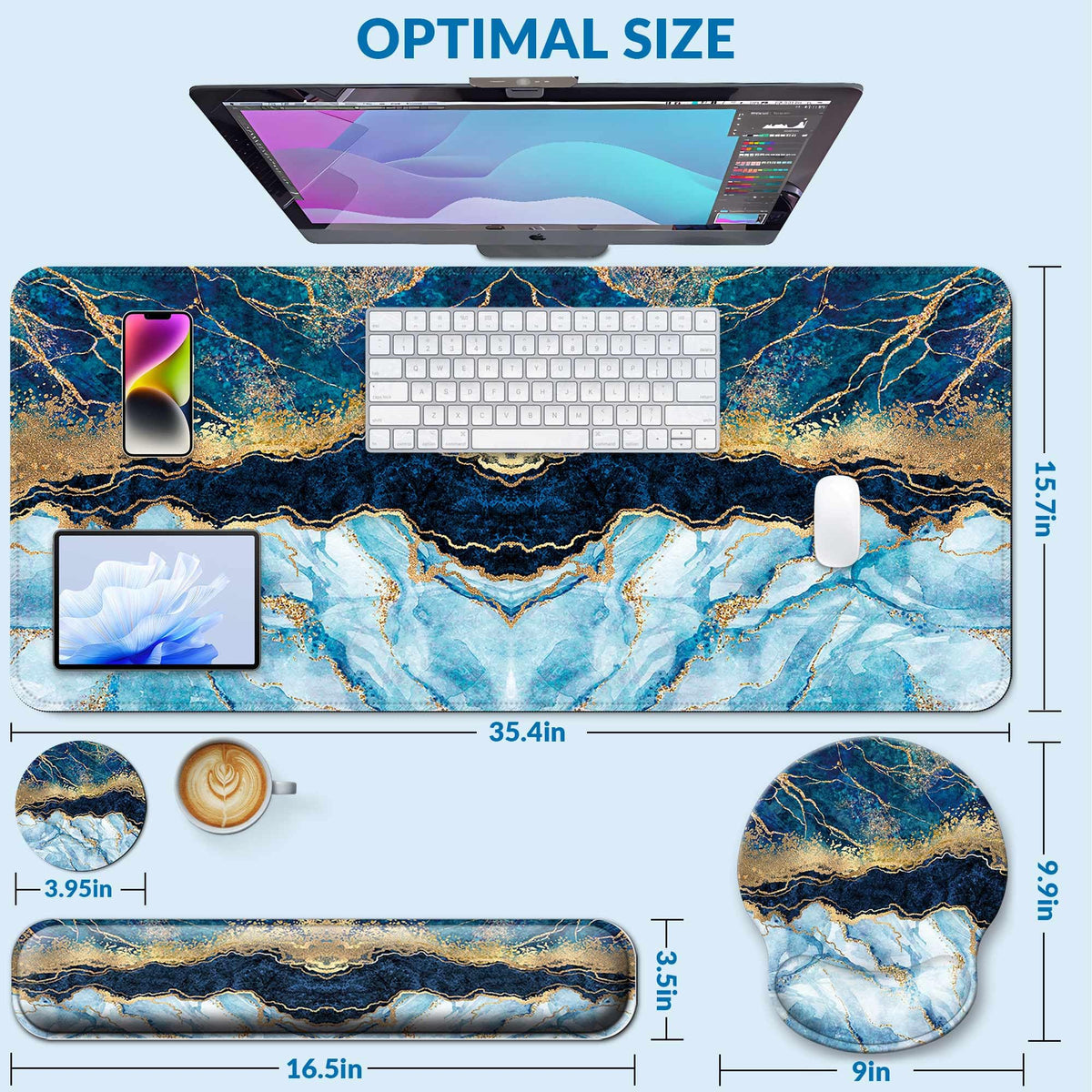 VINEBURY Desk Mat Set Keyboard and Mouse Pad with Wrist Rest Support