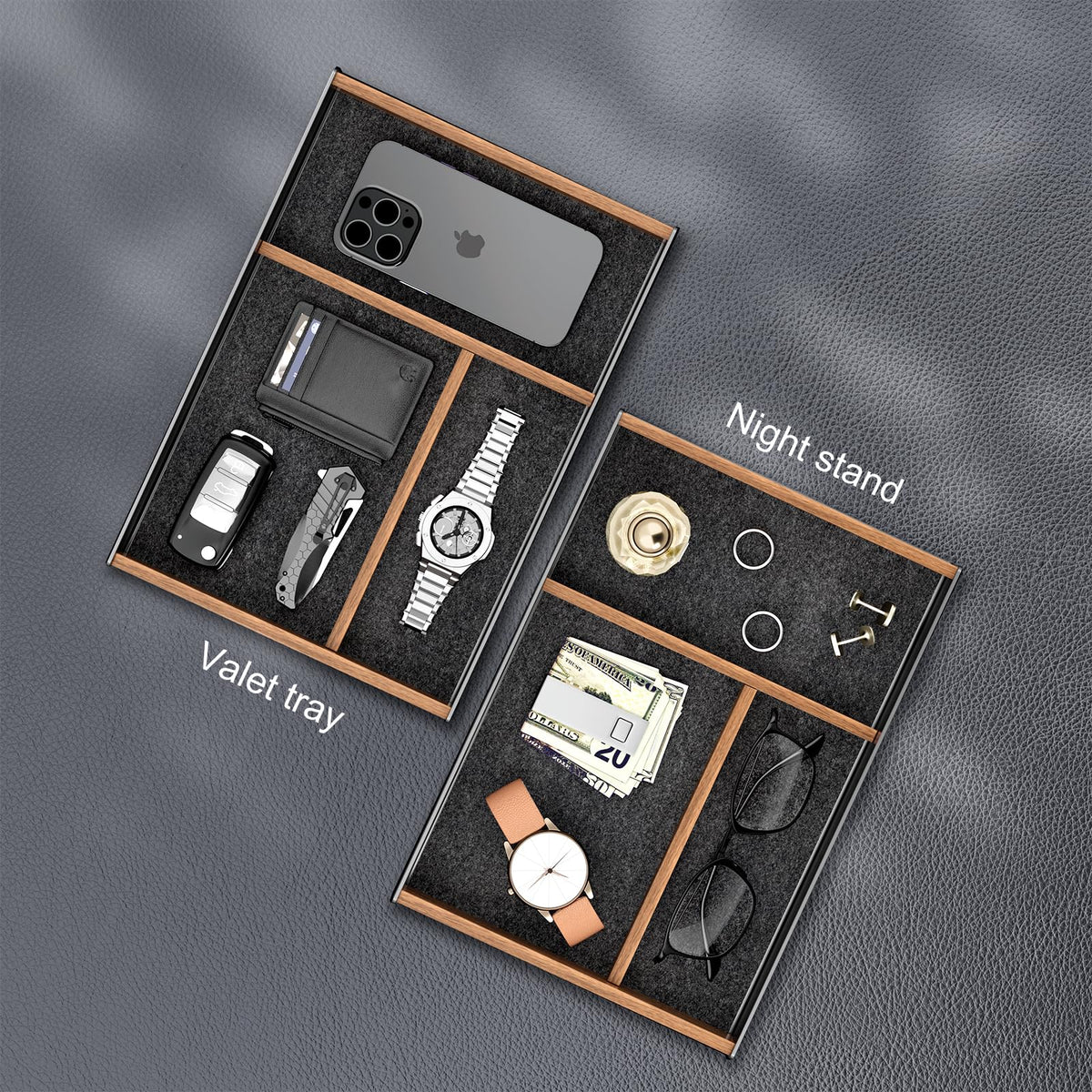 UPERGO Walnut & Aluminum Valet Tray, Desk Drawer Organizer Tray for Desk
