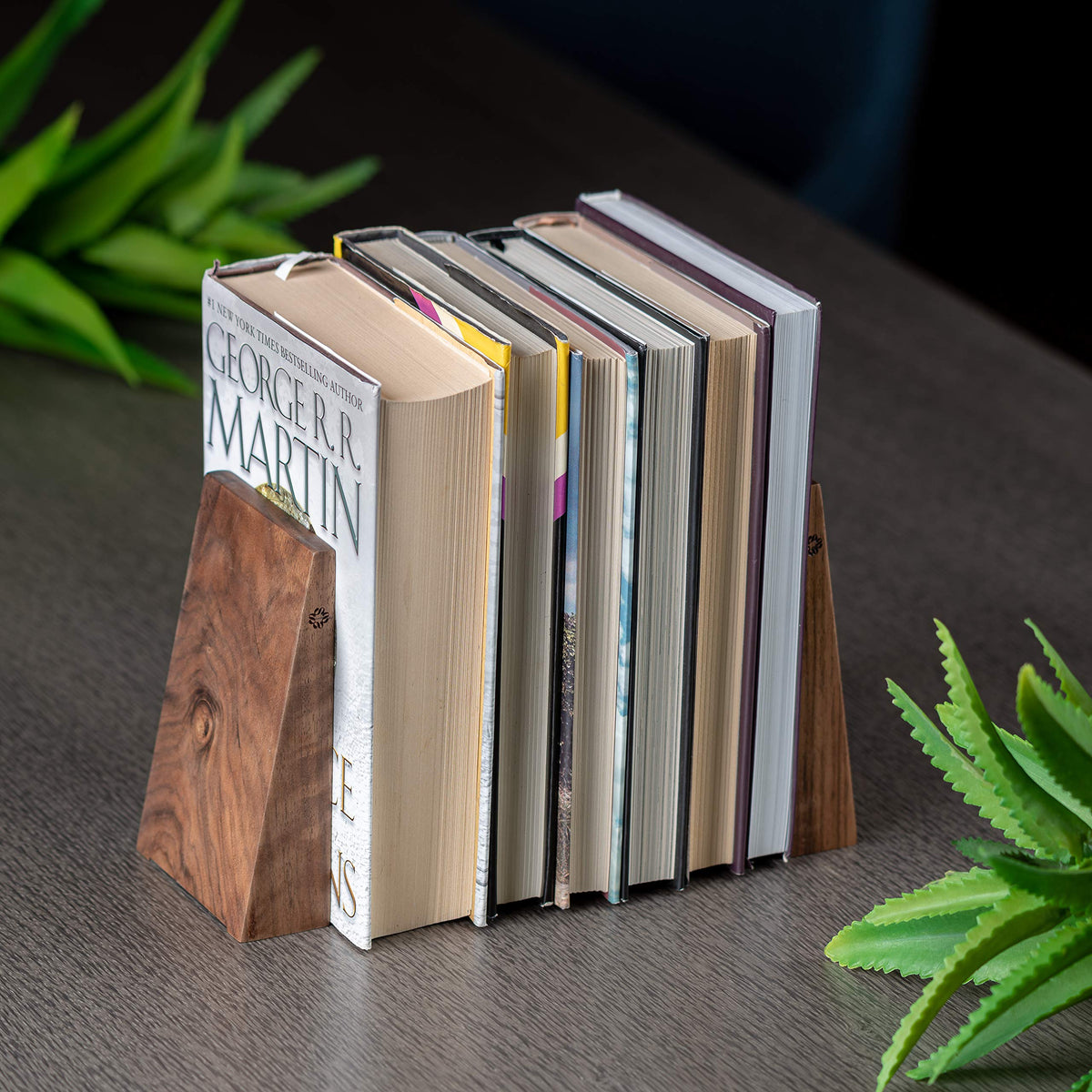 TILISMA Book Ends for Shelves - Handmade Wooden Bookends with Metal Base, Walnut Tree - Sturdy Book