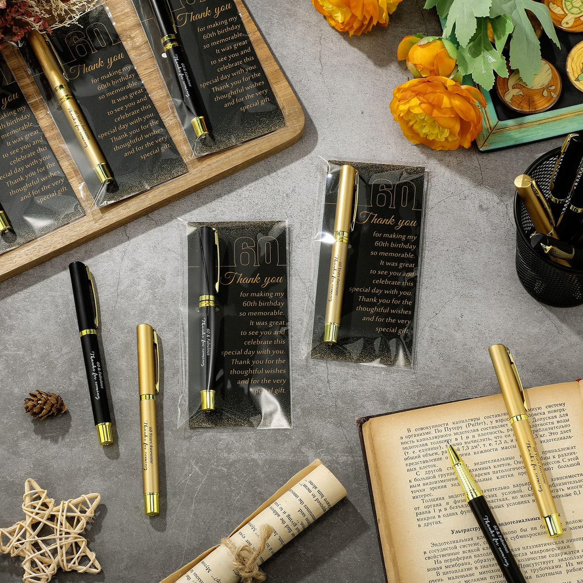 Feifeiya 50 Set 60th Birthday Favors with Black Gold Pens Cards