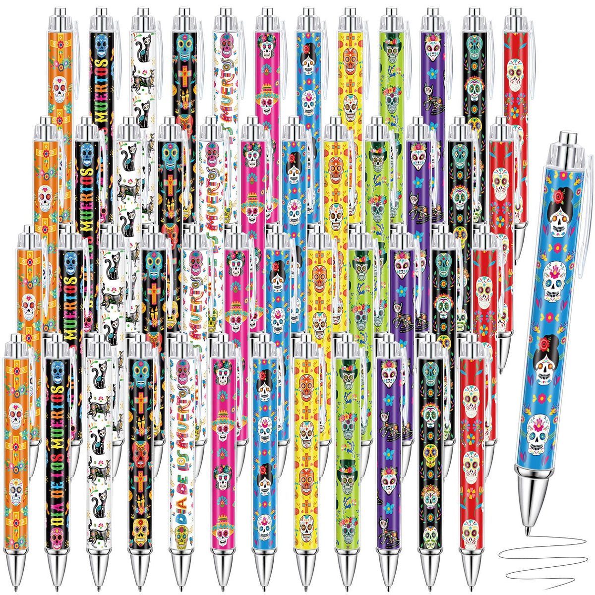 Dispowreath 48 Pcs Day of The Dead Pens Bulk Halloween Sugar Skull Ink Pens Retractable Gel