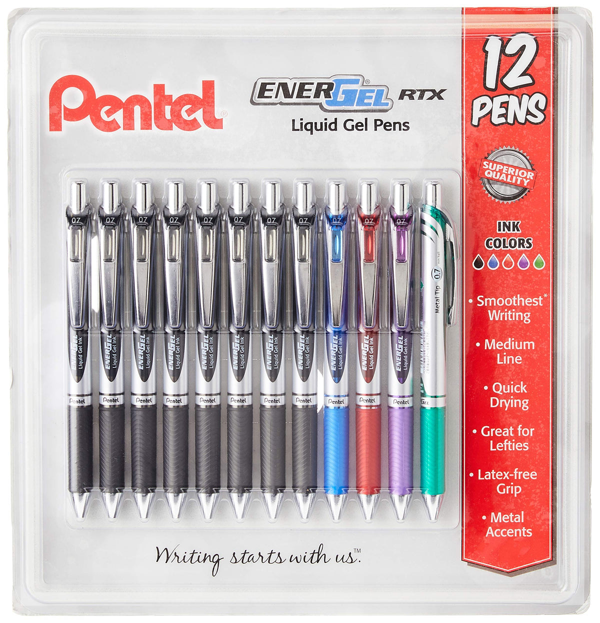 Pentel EnerGel RTX Retractable Liquid Gel Pen, 0.7mm Black/Blue/Red/Green/Violet Ink, 12 Pack