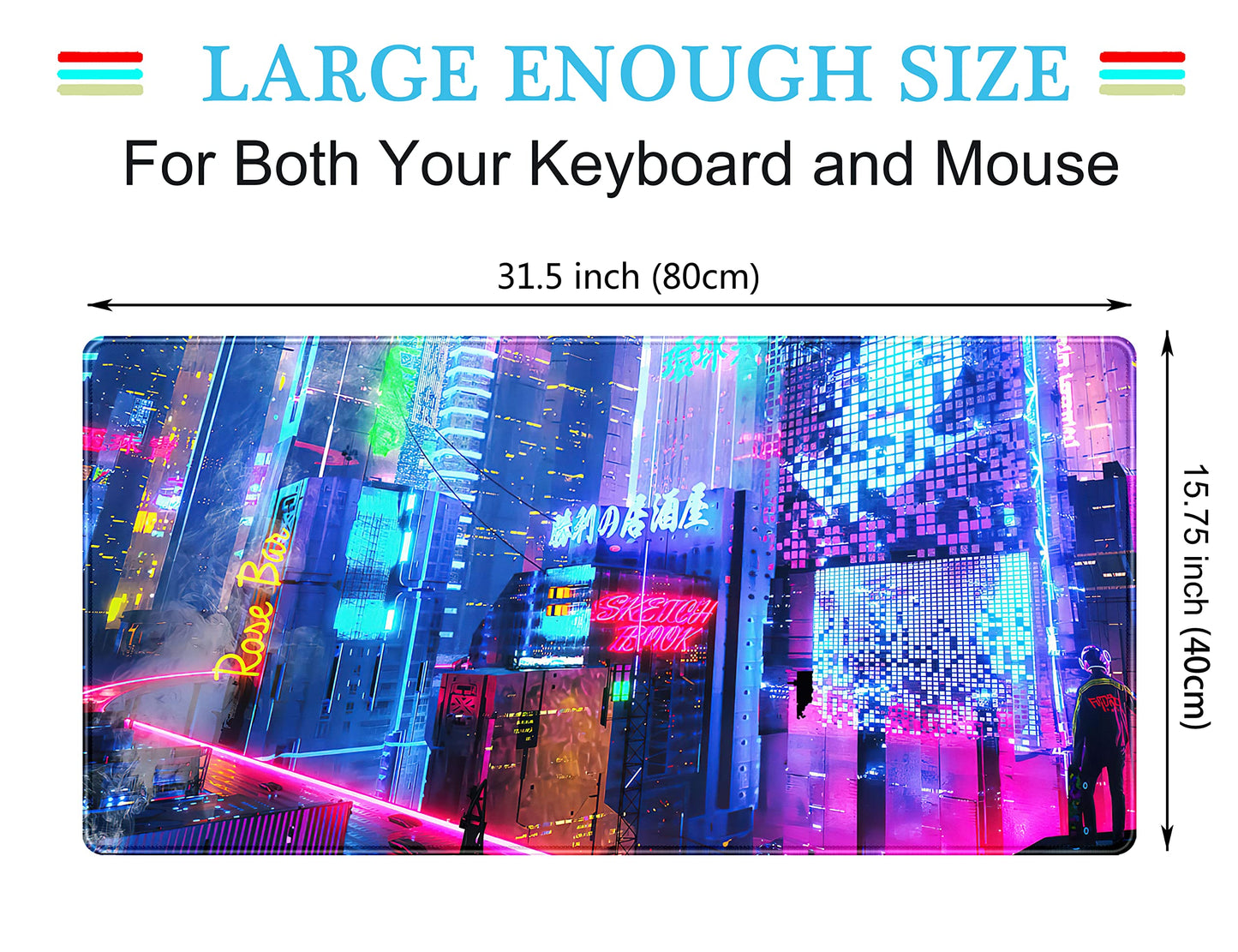 Japanese Street Desk Mat Futuristic Neon City Print Mouse Pad, Exclusive Desk Mats, XXL Large
