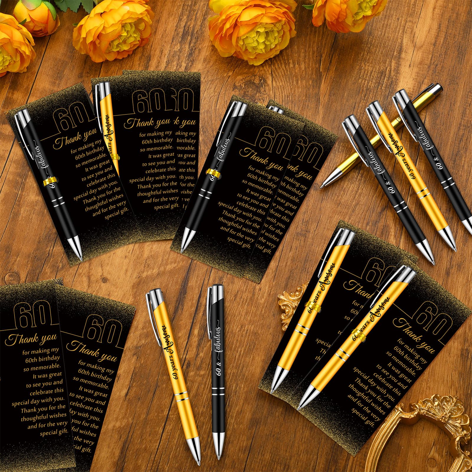 Feifeiya 60th Birthday Party Favors with Black Gold Pens Thank You Cards