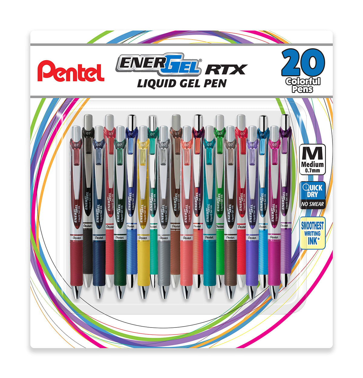 Pentel EnerGel RTX Retractable Liquid Gel Pen, (0.7mm), Medium Line, Metal Tip, Assorted Ink