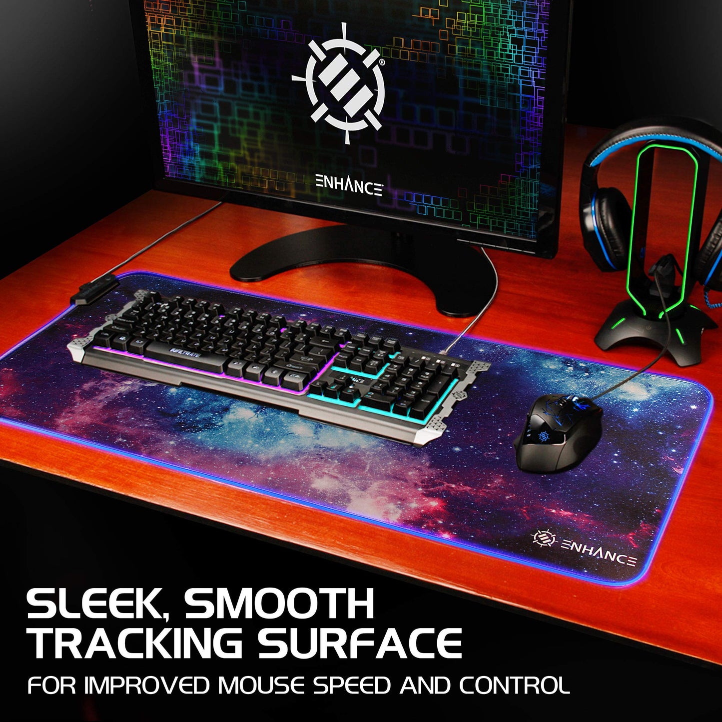 ENHANCE XXL LED Gaming Mouse Pad - 2XL Keyboard Desk Mat (32x14 inches) with 7 RGB Colors, 3 Color