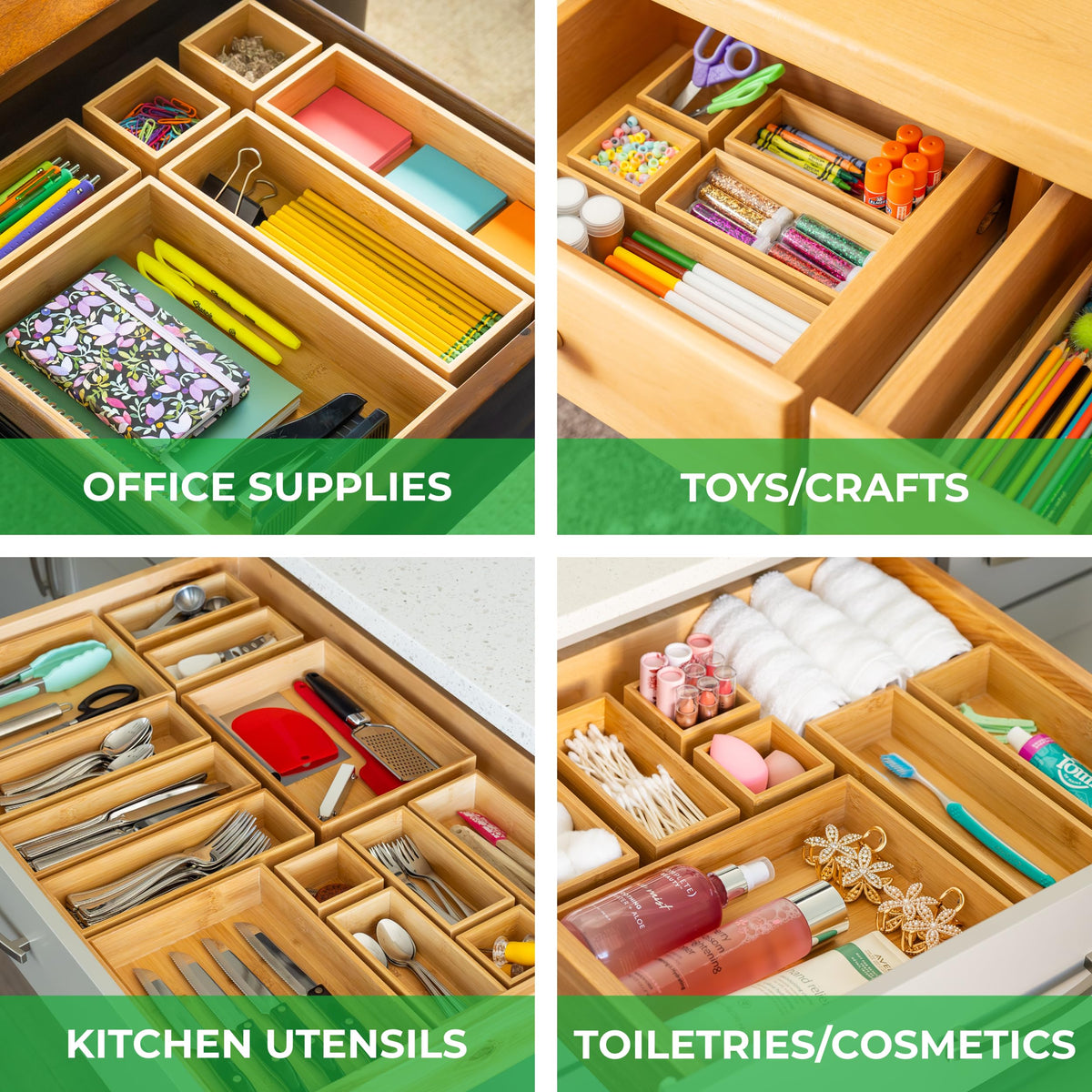 Grow Forward Bamboo Drawer Organizer Boxes - Set of 21 Wooden Drawer Organizers for Kitchen