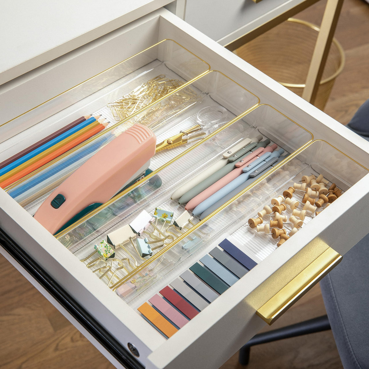 Martha Stewart Kerry Stackable Desk Drawer Organizers, Clear/Gold, 8-Pack