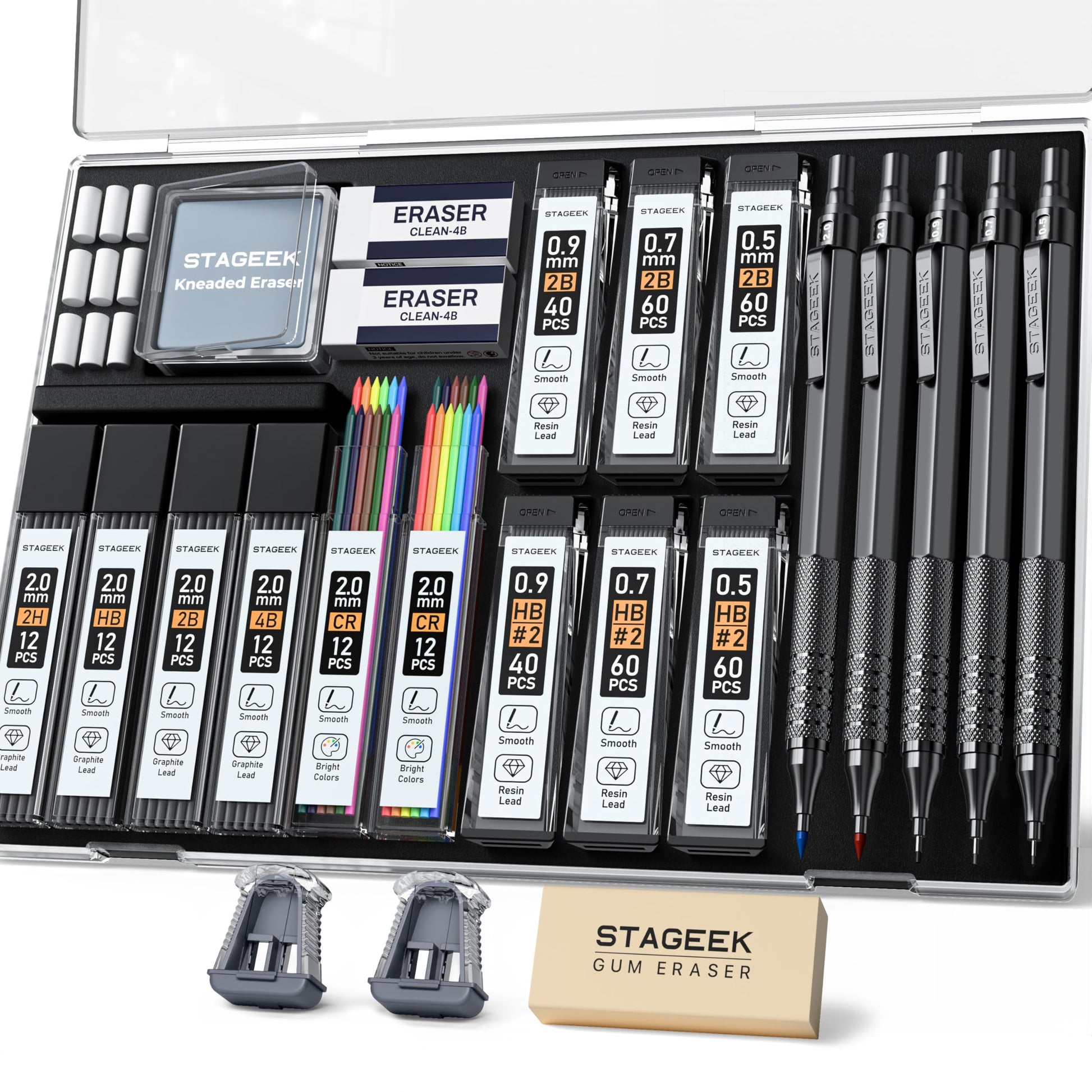 STAGEEK 25PCS Art Mechanical Pencil Set, 3PCS Metal lead pencil 0.5, 0.7, 0.9, 2PCS 2mm Drawing