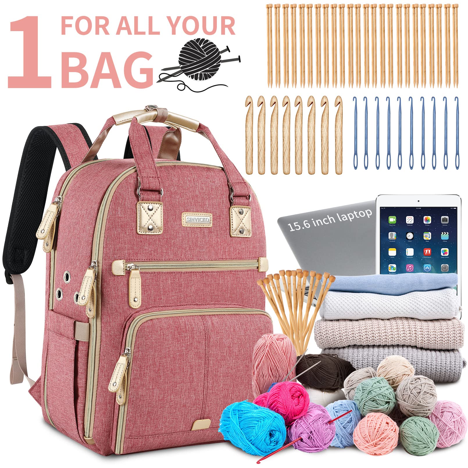 Crochet Bag, Knitting Bag Backpack and Totes Organizer with USB Charging Port, Large Yarn Storage