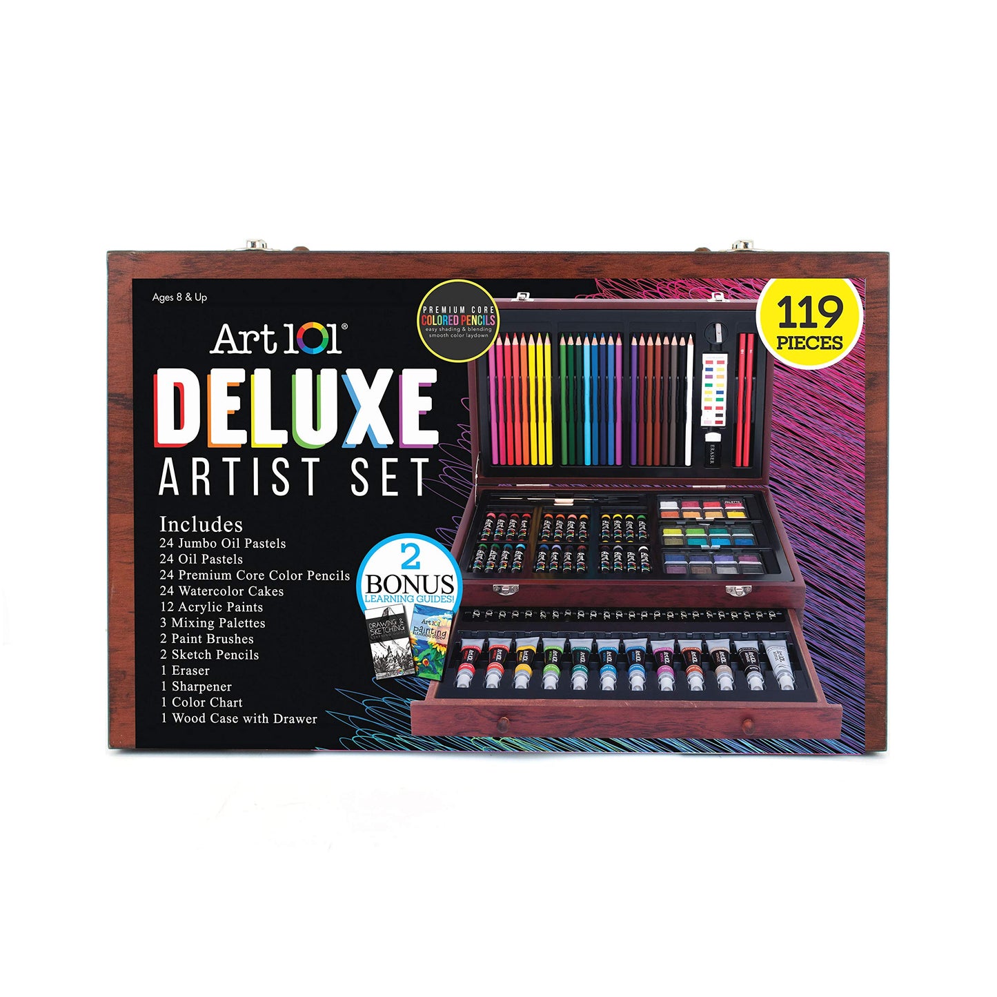 Art 101 USA Deluxe Art Set with 119 Pieces in a Wood Organizer Case, Includes Color Pencils