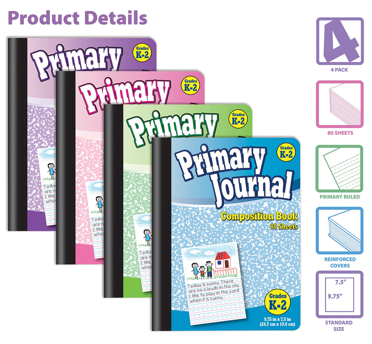 Better Office Products Primary Journal, Hardcover, 4 New Fun Colors, Primary Composition Book