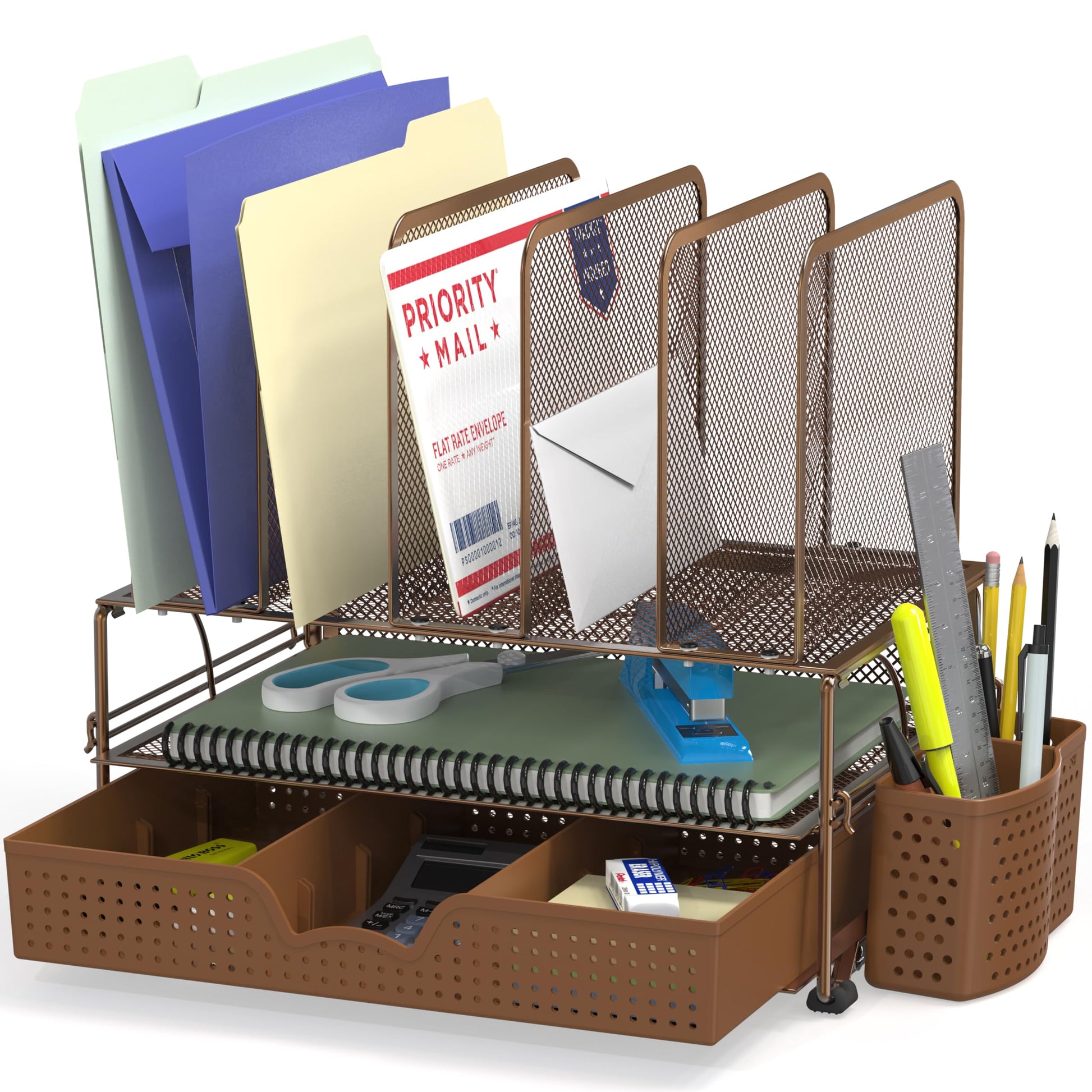 Simple Houseware Desk File Organizer for Office Supplies w/Drawer, Copper