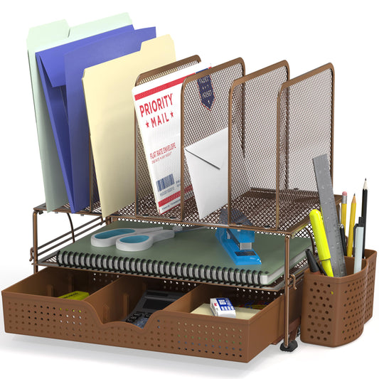 Simple Houseware Desk File Organizer for Office Supplies w/Drawer, Copper