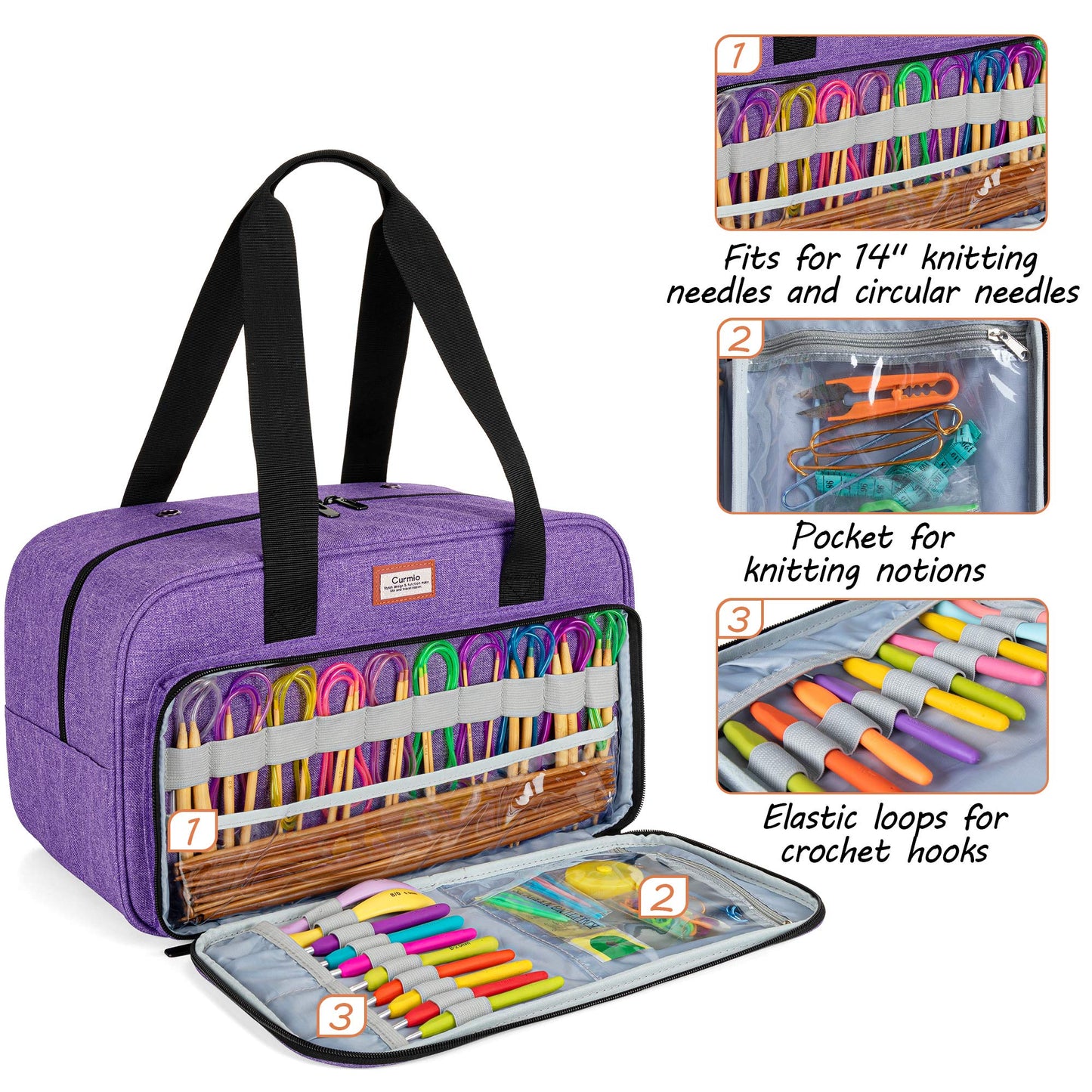 CURMIO Yarn Storage Bag for Crochet Hooks, Knitting Project, Purple