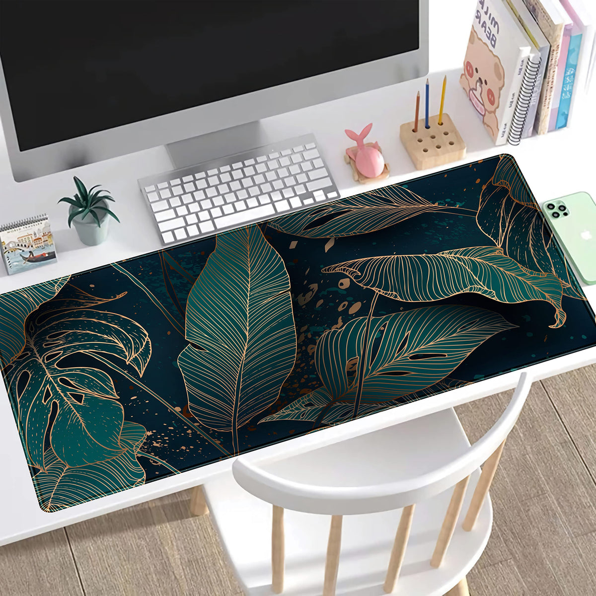 Desk Pad, Green Gold Palm Leaves Extended Gaming Mouse Pad Cute Large Desk Mat, Non-Slip Rubber