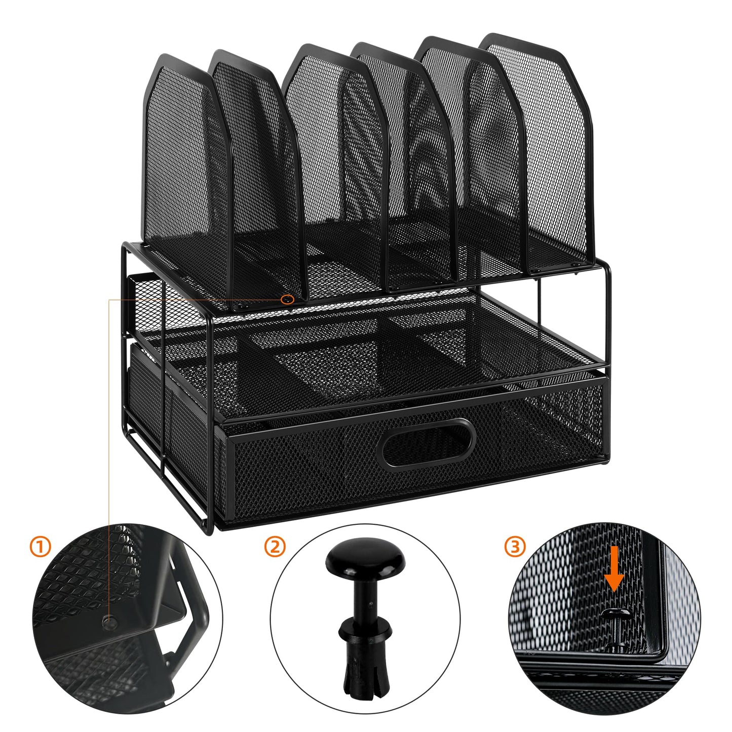 Amazon Basics Mesh Desk Organizer with Sliding Drawer, Double Tray and 5 Upright Sections, File