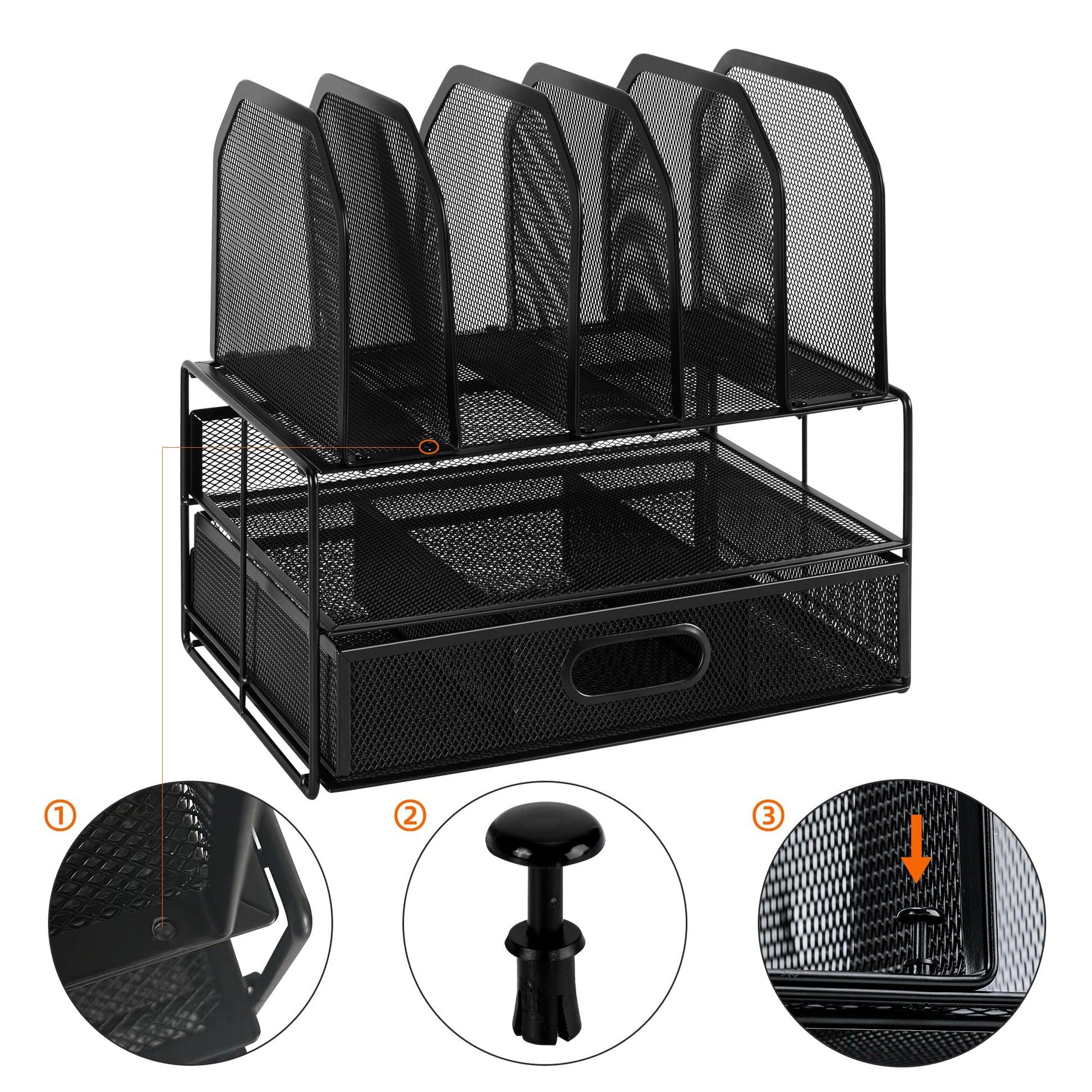 Amazon Basics Mesh Desk Organizer with Sliding Drawer, Double Tray and 5 Upright Sections, File