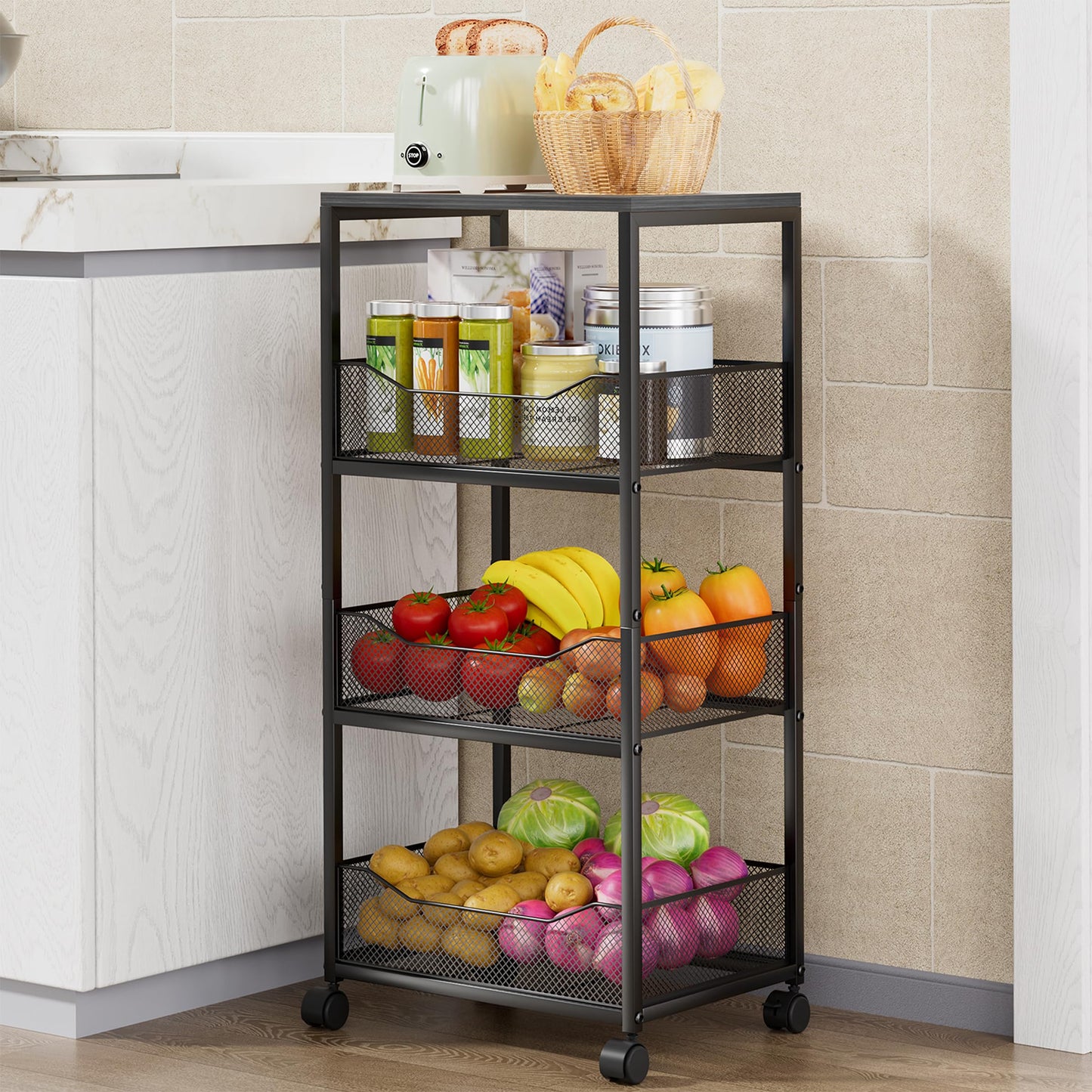 HapiRm Fruit Basket Kitchen Cart - 4-Tier Rolling Storage Cart with Wheels, Fruit Vegetable Basket