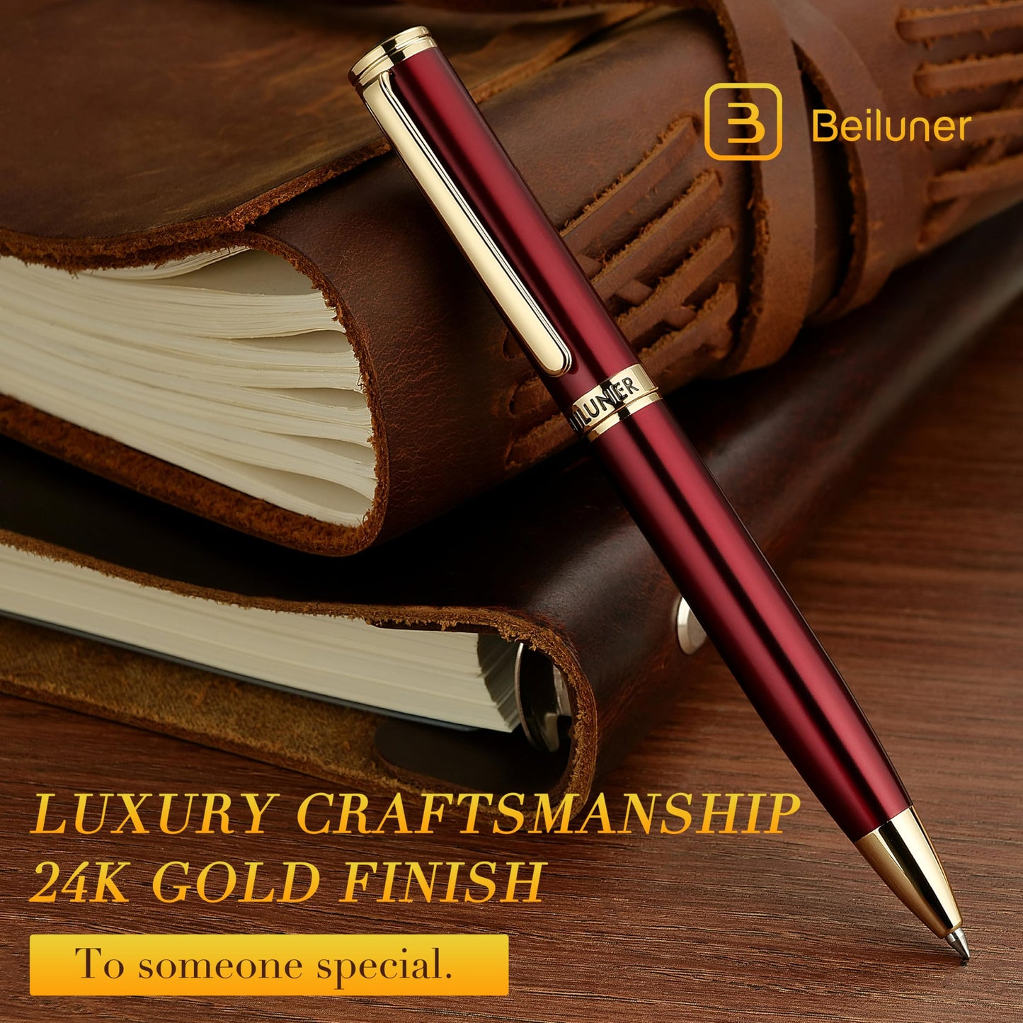 BEILUNER Red Lacquer Gel Pen With 24K Gold Finish, Retractable Pens, Gift Pen Set, Professional
