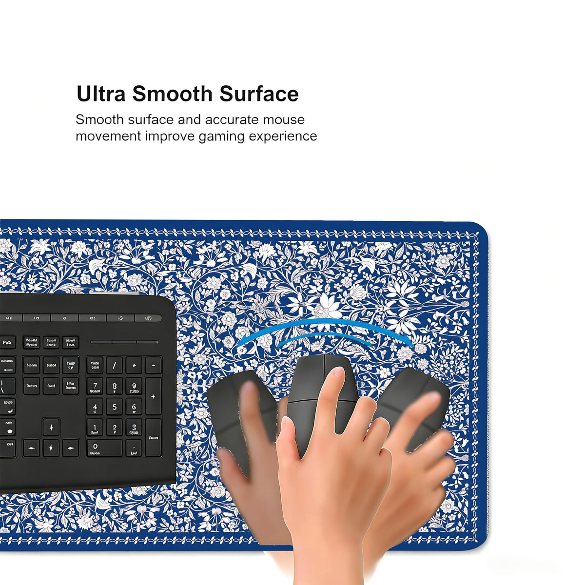 Cute Floral Aesthetic Daisy Gaming Mouse Pad, White Blue Chinoiserie Desk Mat with Anti-Slip Base &