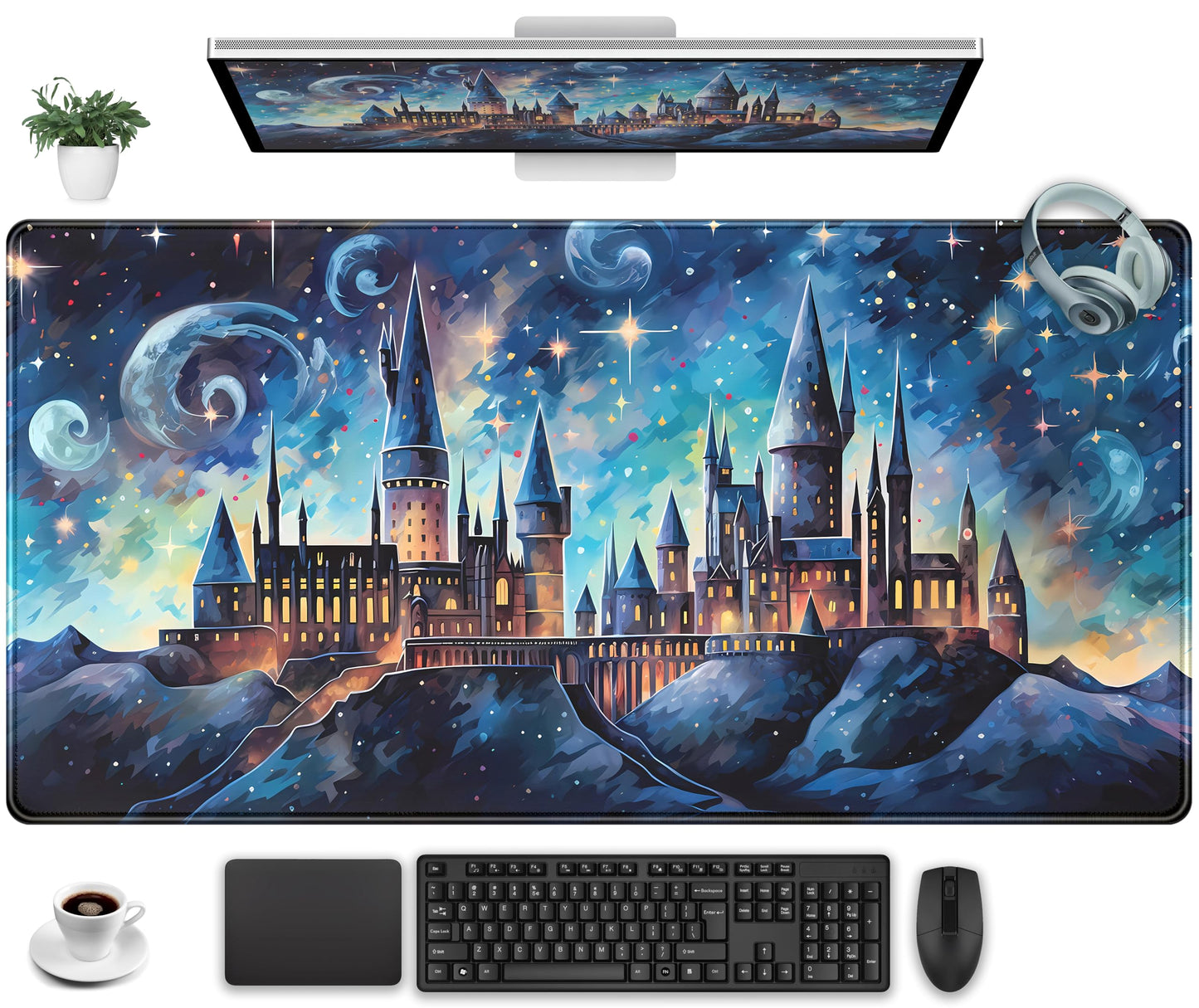 Blue Castle Desk Mat Aesthetic Cute Desk Pad, Extended Large Mouse Pad XXL Gaming Keyboard Pad