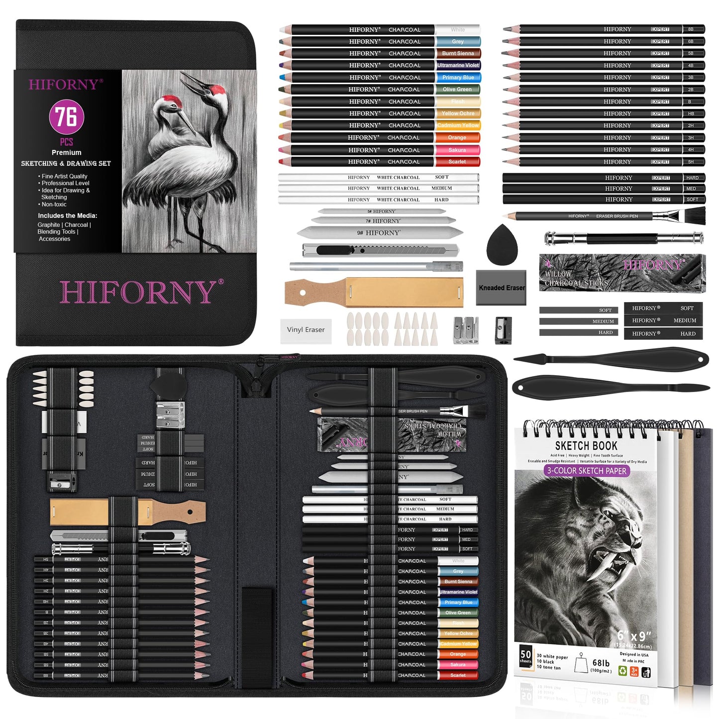 HIFORNY 76 PCS Drawing Set Sketching Kit,Sketch Pencils Art Supplies with