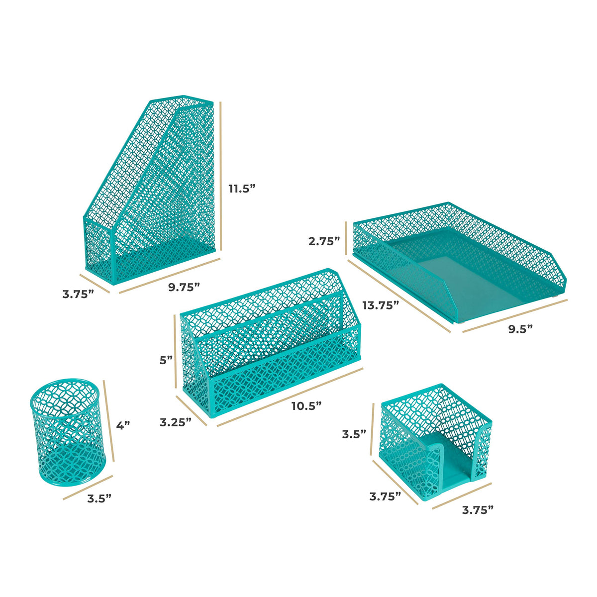 BLU MONACO | Dark Teal Desk Organizer Set | 5 Piece Metal Desk Accessories with Mail Sorter, Pen