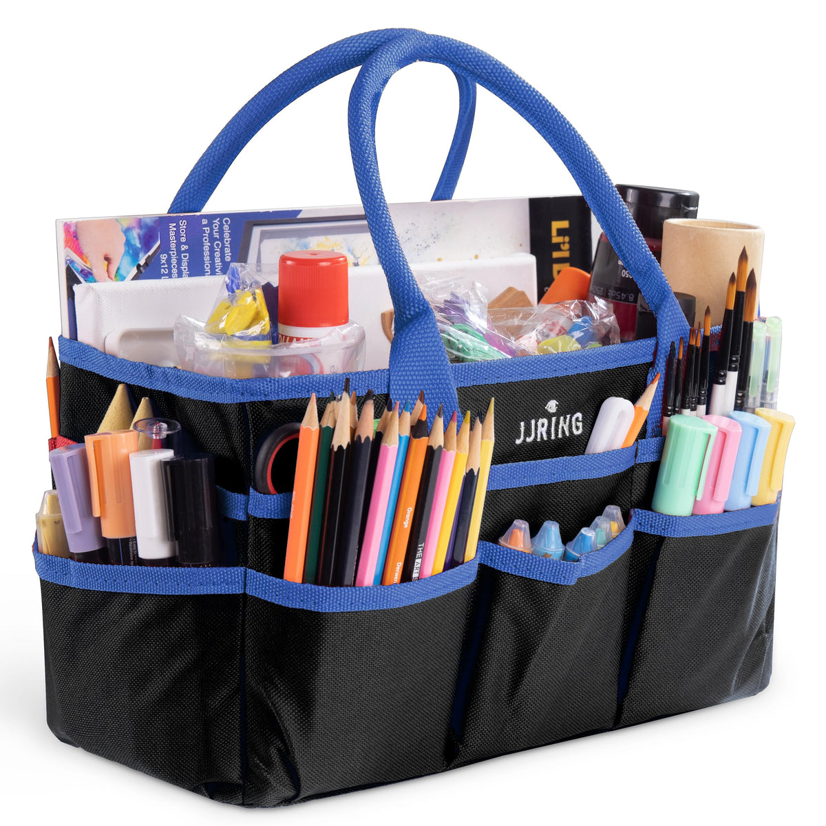 JJRING 600D Nylon Craft & Art Organizer Tote Bag With Pockets, Blue