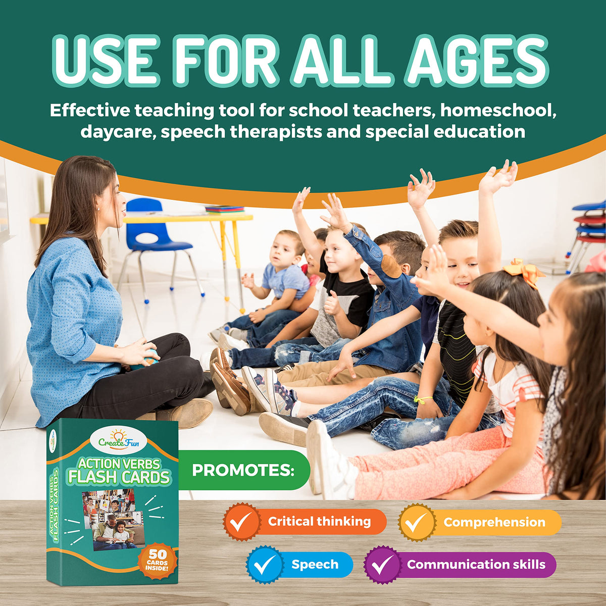 CreateFun 50 Action Verbs Flash Cards for Speech Therapy & ESL Vocabulary