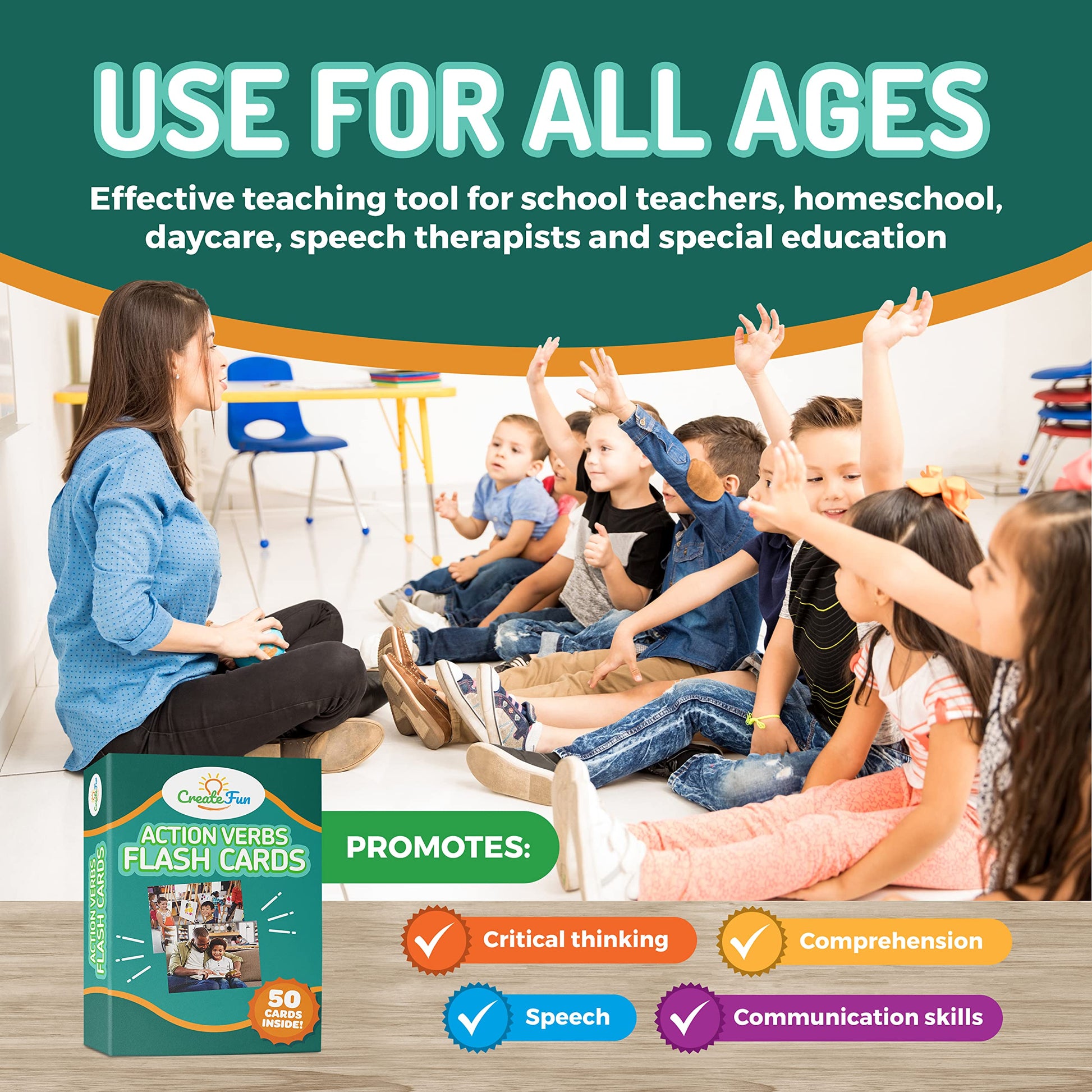 CreateFun 50 Action Verbs Flash Cards for Speech Therapy & ESL Vocabulary