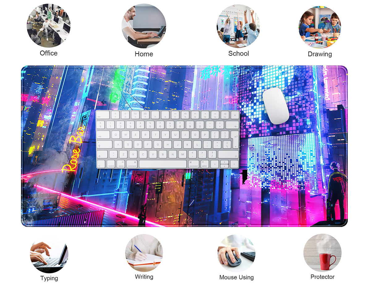 Japanese Street Desk Mat Futuristic Neon City Print Mouse Pad, Exclusive Desk Mats, XXL Large