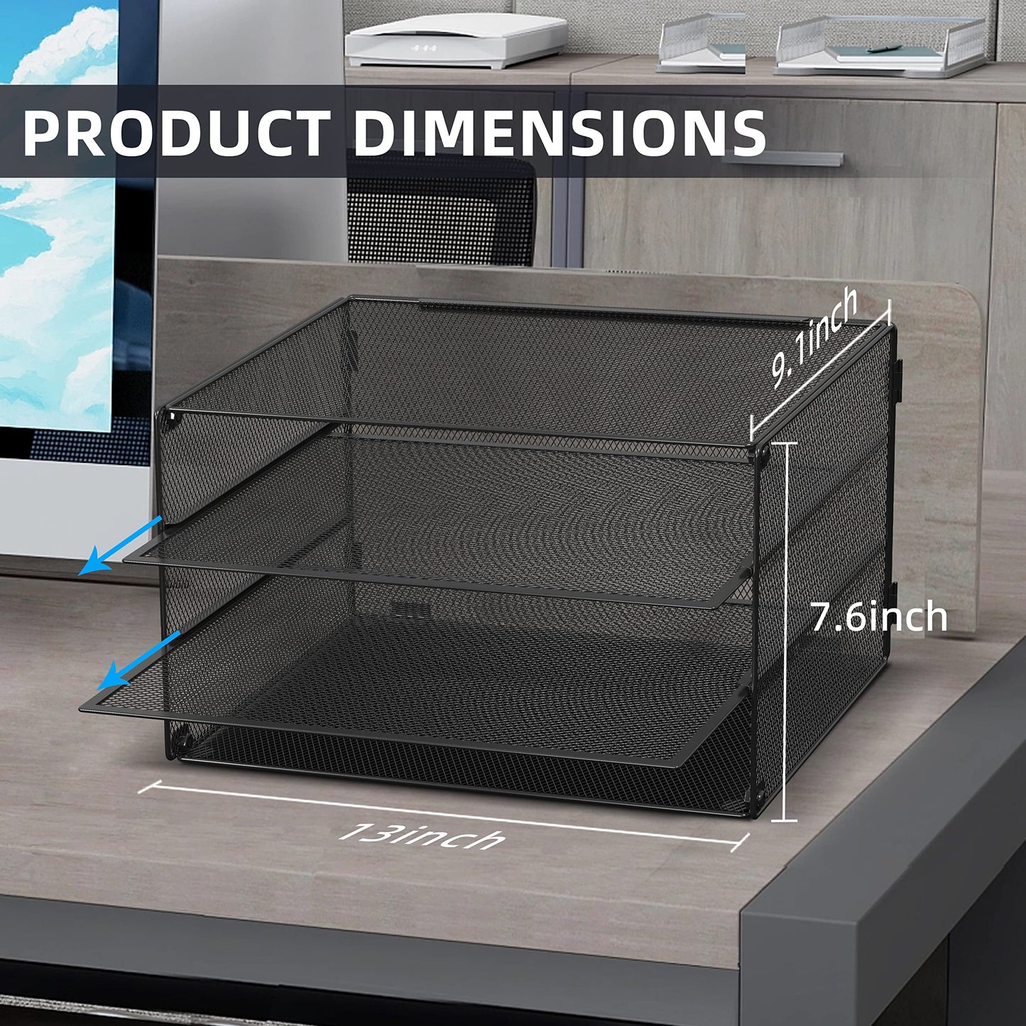 DALTACK 3 Tier Letter Tray Paper Organizer with Sliding Mesh Trays Black