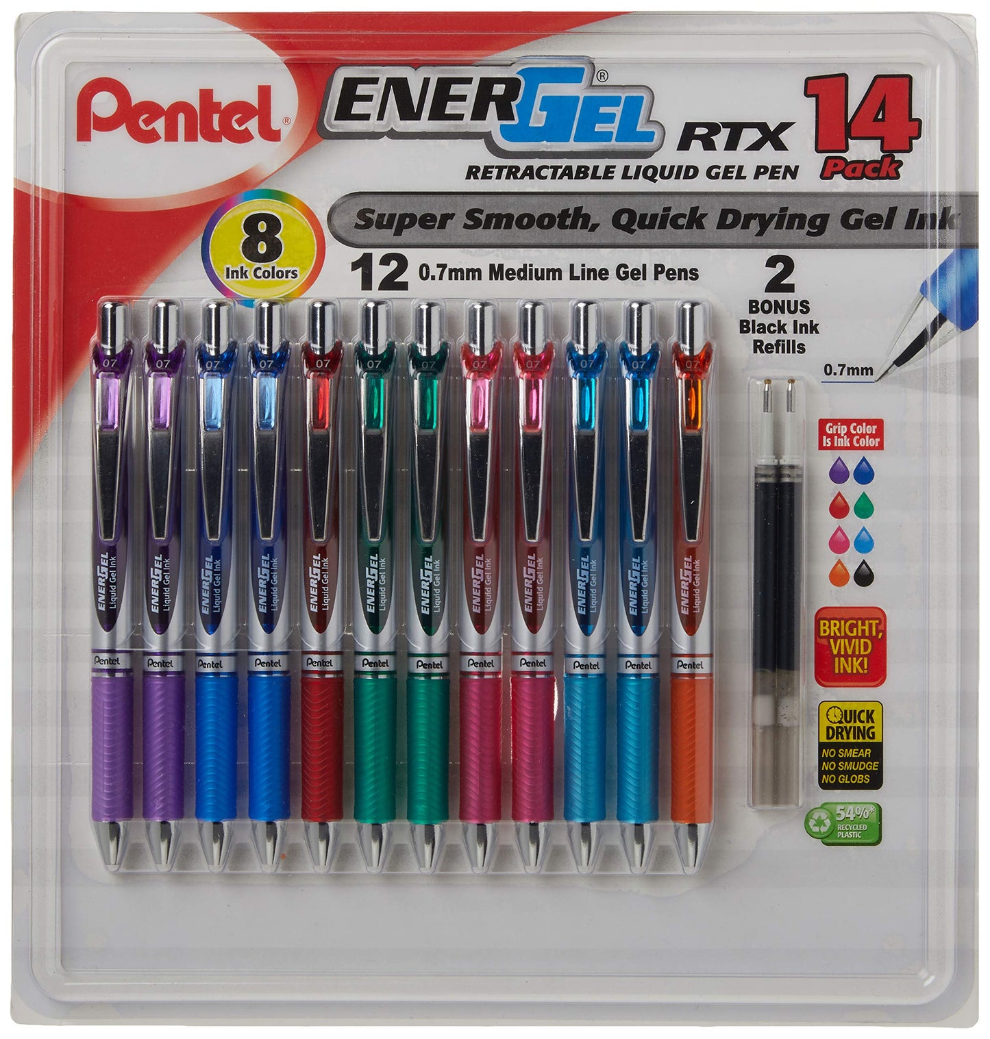 Pentel EnerGel RTX Retractable Metal Tip Pen, 0.7mm, 12 Assorted Colors with 2 Refills (BL77F14C)