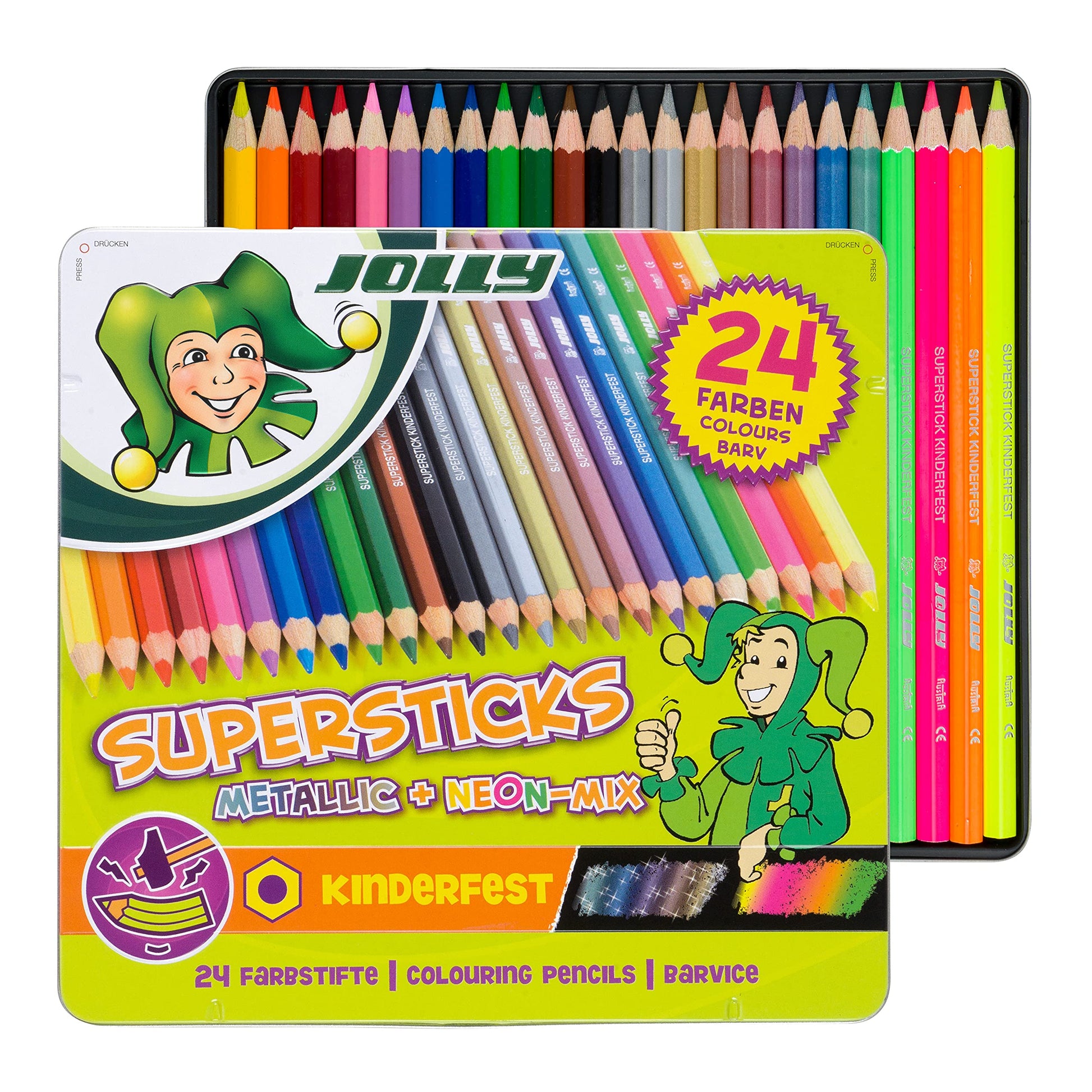 Jolly Supersticks Premium European Metallic and Neon Colored Pencils with Tin Carrying Case; Set of
