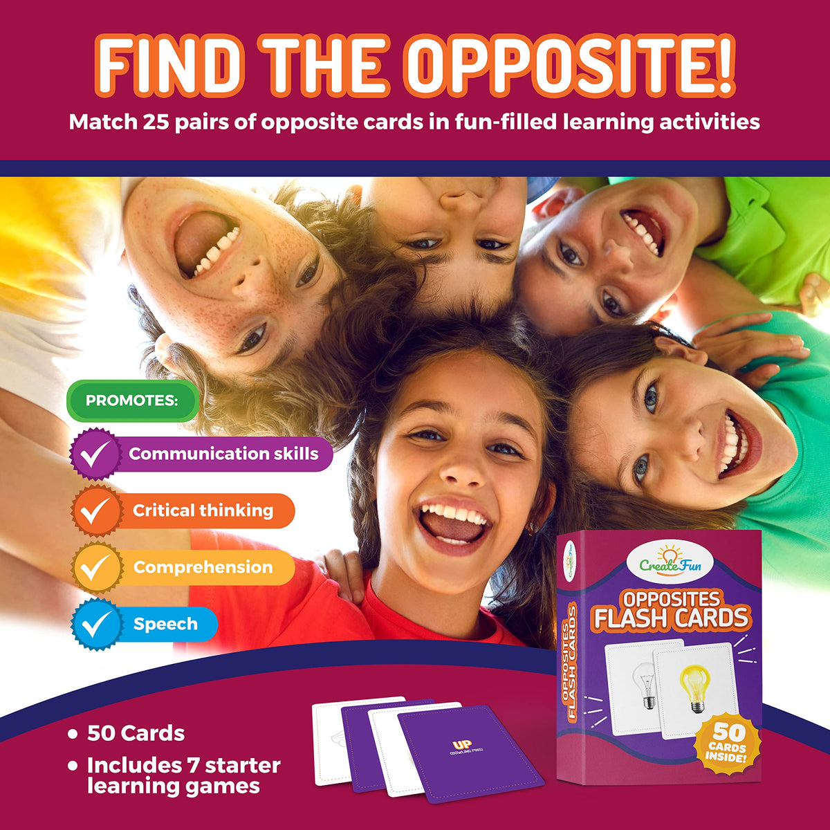 CreateFun Opposites Flash Cards, 50 Realistic Matching Photo Cards,25 Pairs
