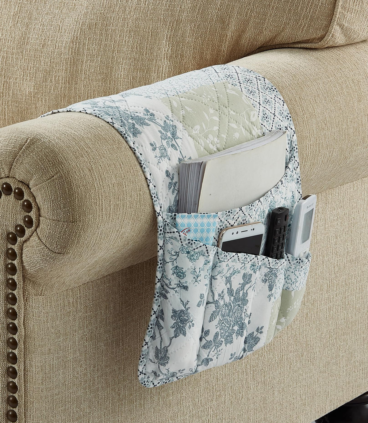 Brilliant Sunshine Blue & Beige Floral Couch Armrest Cover, 35"×13"