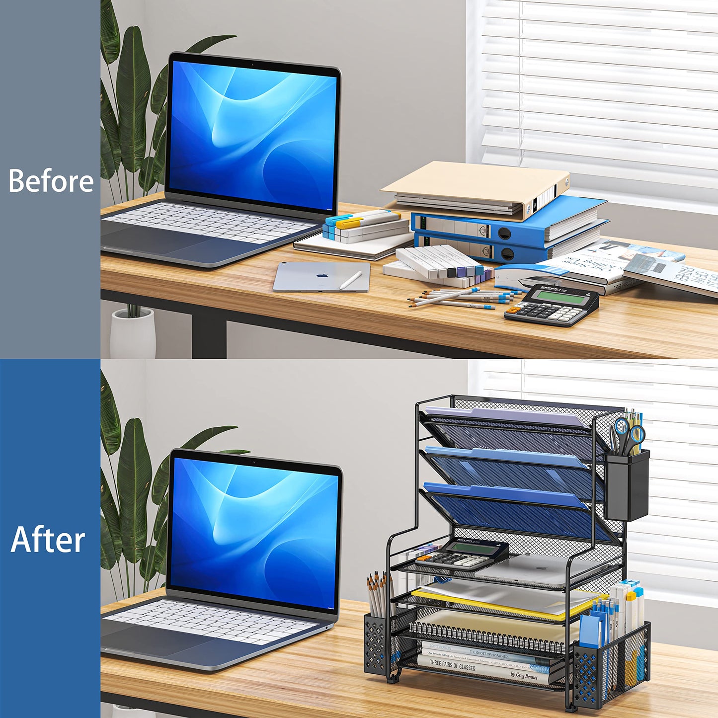Simple Trending 7 Tier Desk File Organizer, Letter Tray Paper Organizer with Pen Holder and Metal