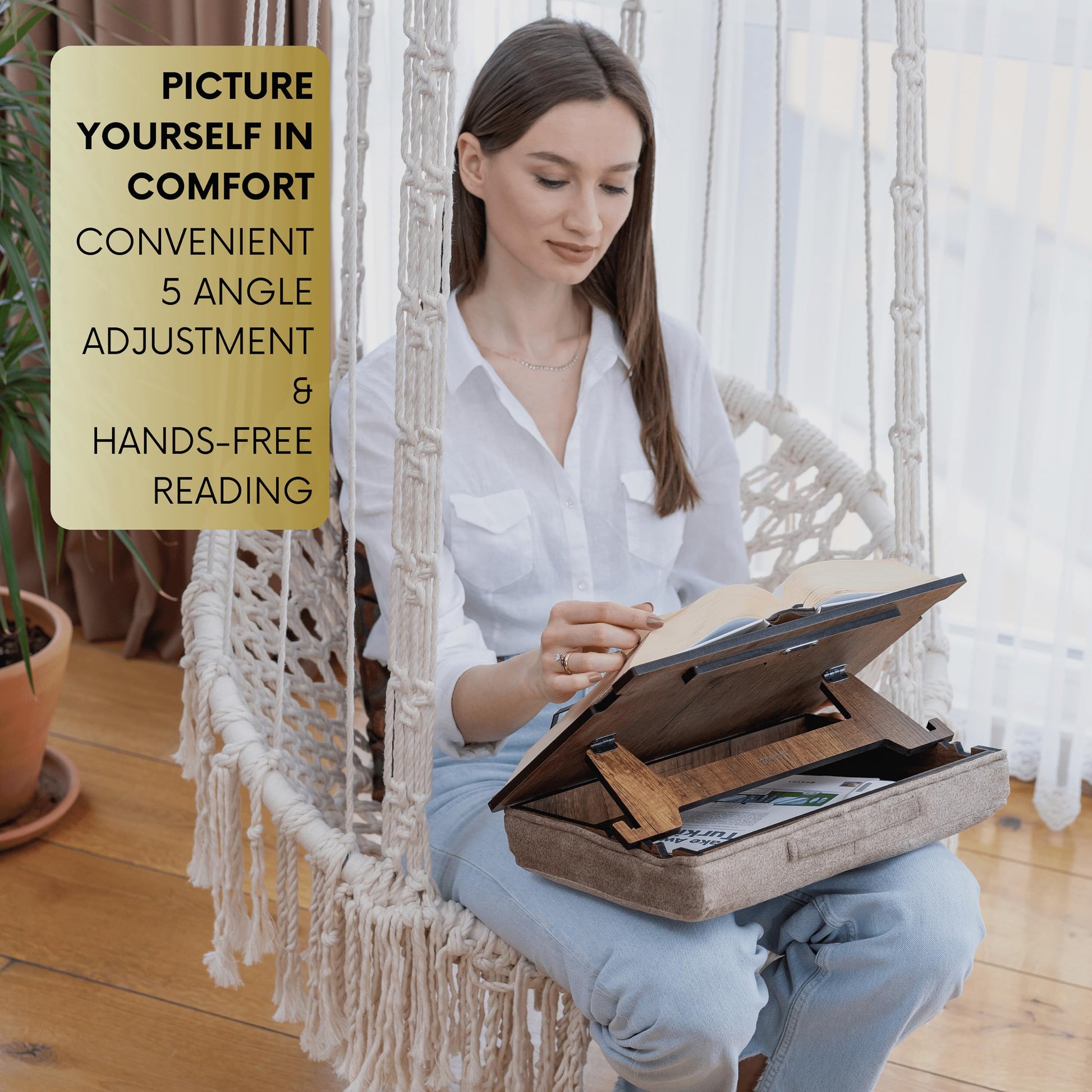 Vigo Wood Lap Reading Desk with Cushion, Adjustable Incline Book Stand with Storage Compartment