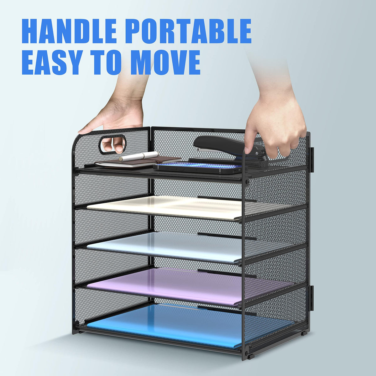 Supeasy 2 Pack 5-Tier Desk Organizer with Handle Mesh Desk File/Paper Organizer Letter Tray for