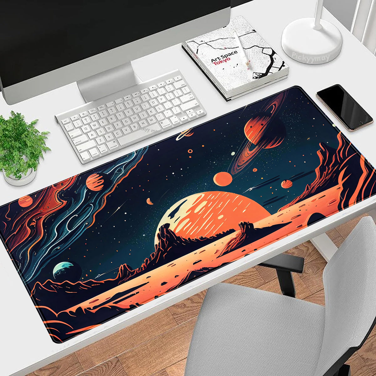 Painted Planets Desk Mat Outer Space Desk Pad, Orange Black Gaming Mouse Pad, Large Keyboard Mouse