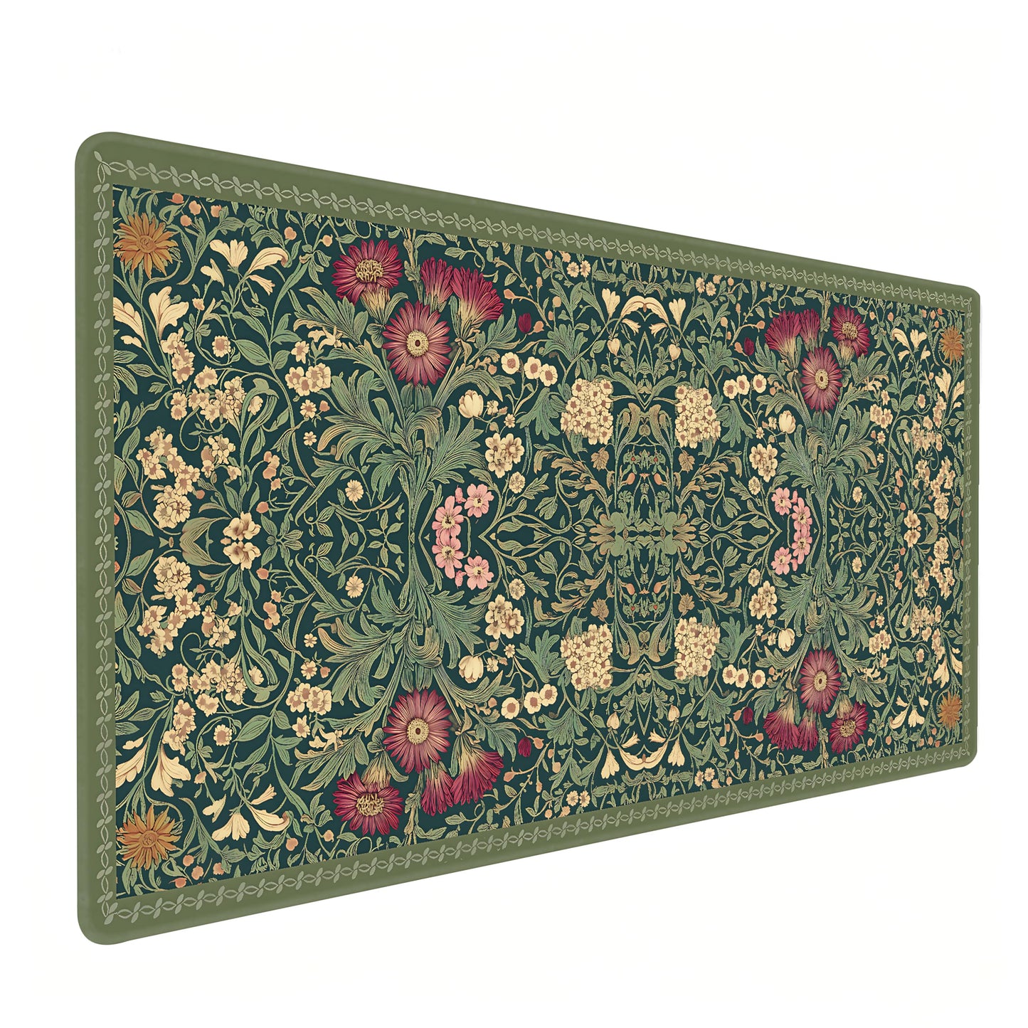Cute Floral Aesthetic Daisy Gaming Mouse Pad, Dark Green Rug Desk Mat with Anti-Slip Base &