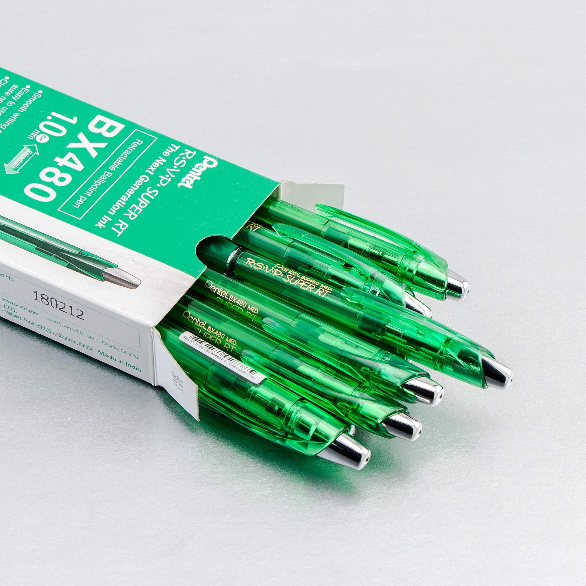 Pentel RSVP Super RT Ballpoint Pen, (1.0mm) Medium Line, Green Ink, Box of 12, (BX480-D)