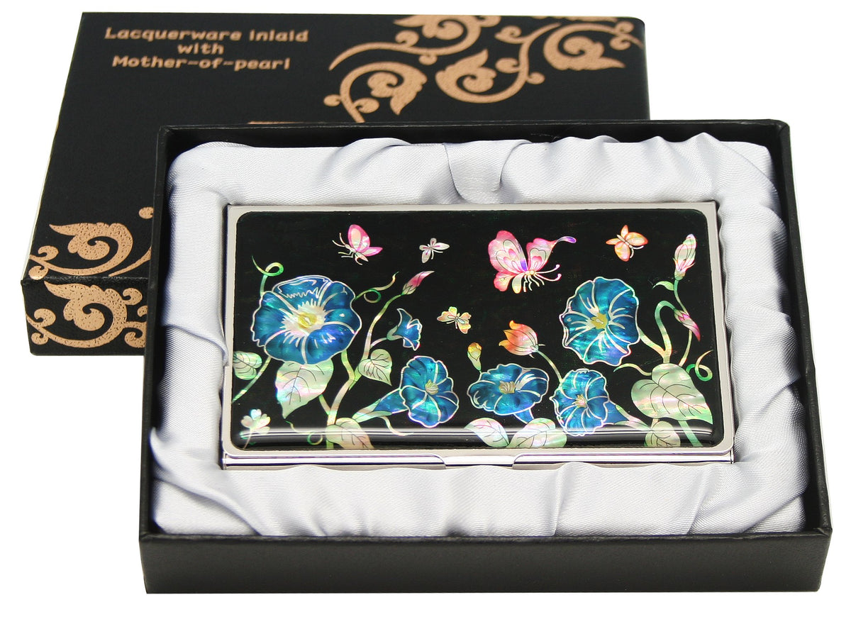Antique Alive Mother of Pearl Blue Morning Glory Flower Design Metal Business Credit Name Id Card