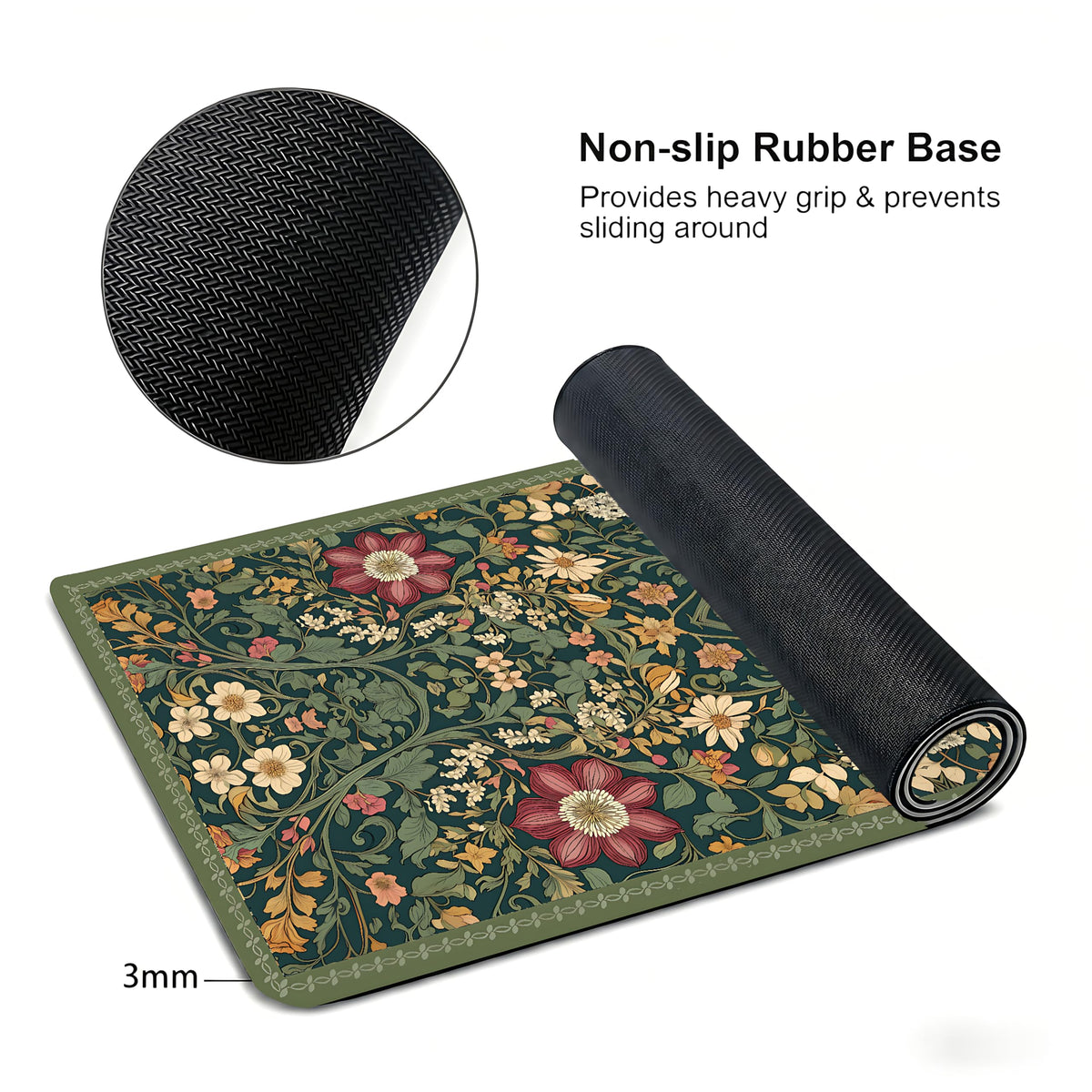 Cute Floral Aesthetic Dahlia Gaming Mouse Pad, Dark Green Rug Desk Mat with Anti-Slip Base &