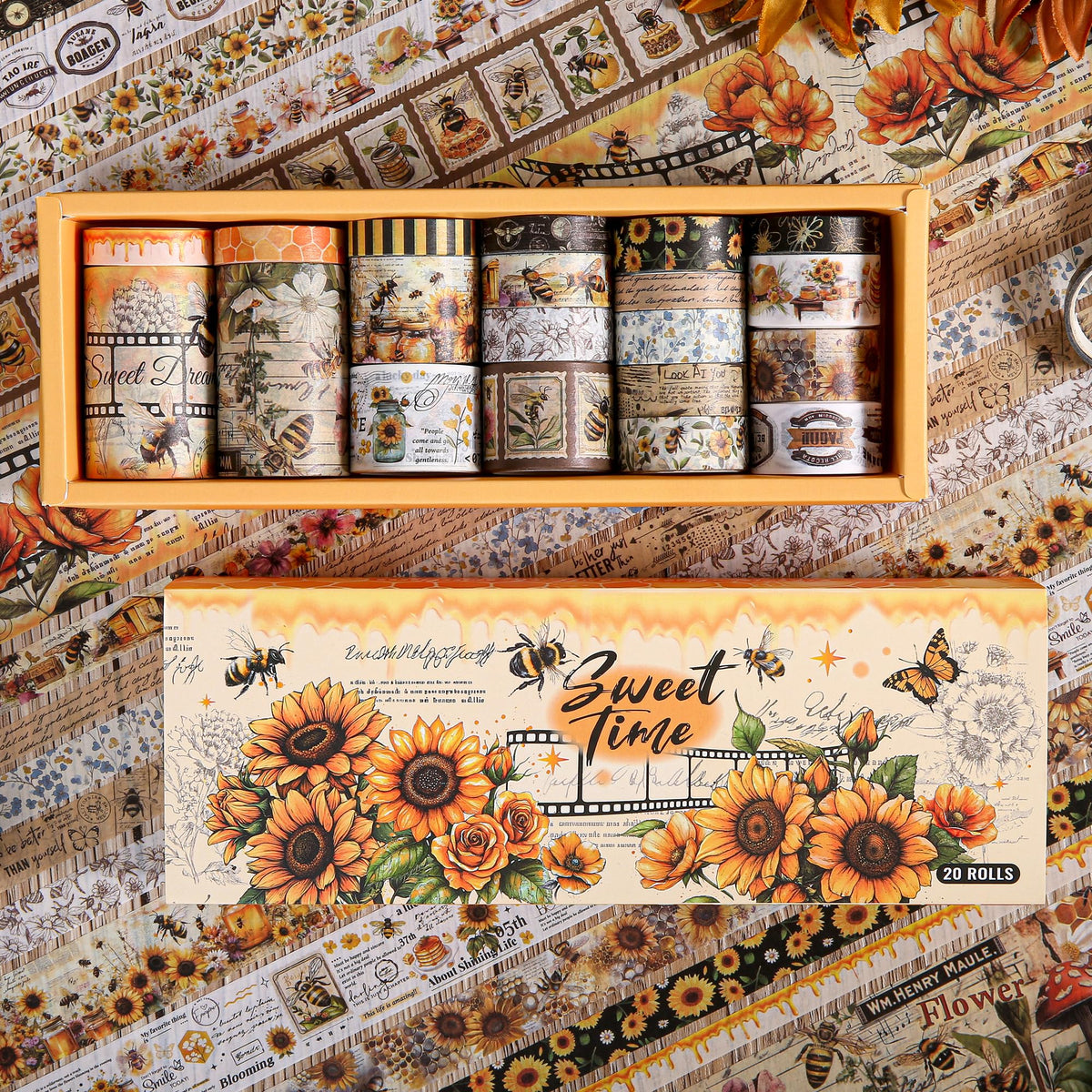 Washi Tape Set 20 Rolls - Vintage Bee Floral Butterfly Botanical Washi Tape Kit, Cute Retro