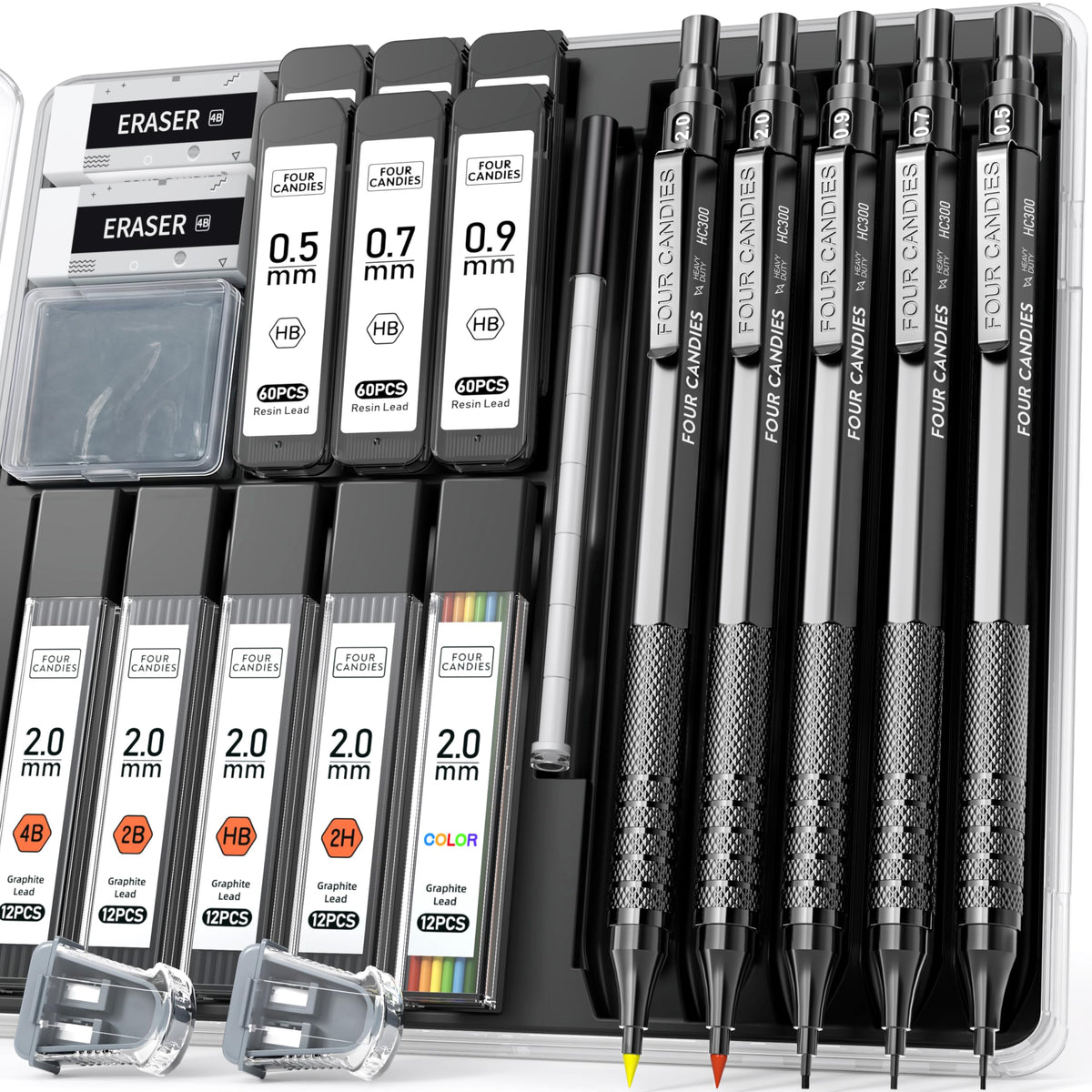 Four Candies Metal Mechanical Pencil Set, 3PCS Art Drafting Pencils 0.5, 0.7, 0.9MM & 2PCS 2MM